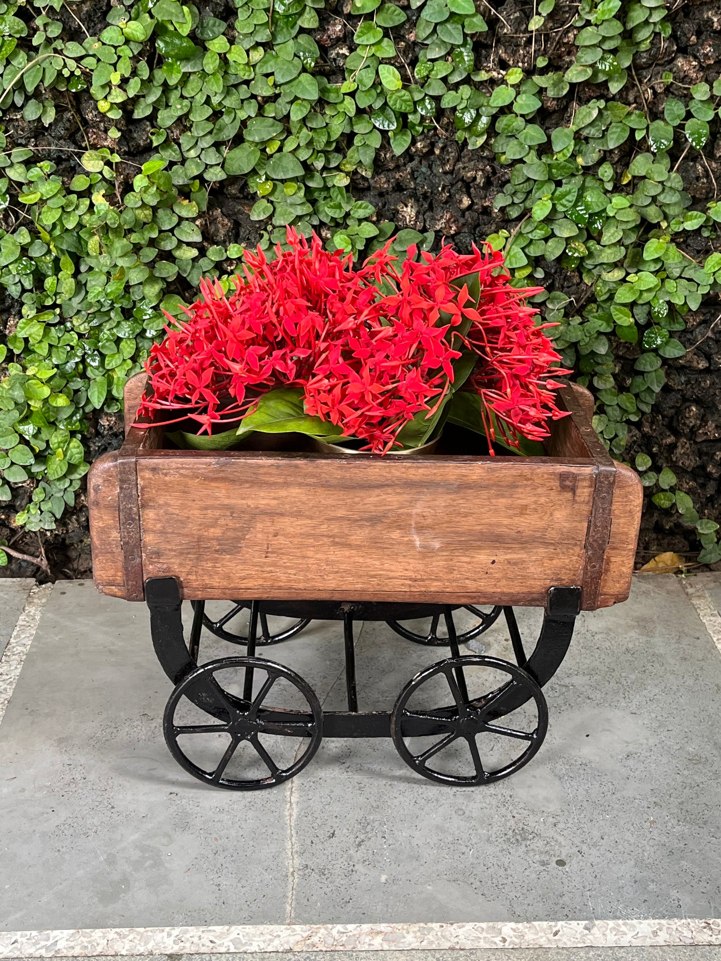 Wooden Old Brick Mould wheel planter Stand