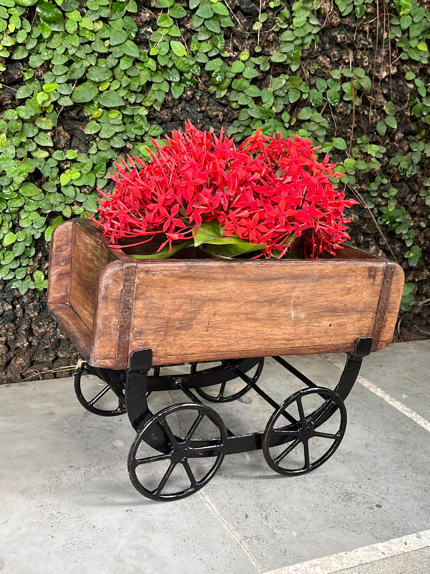 Wooden Old Brick Mould wheel planter Stand