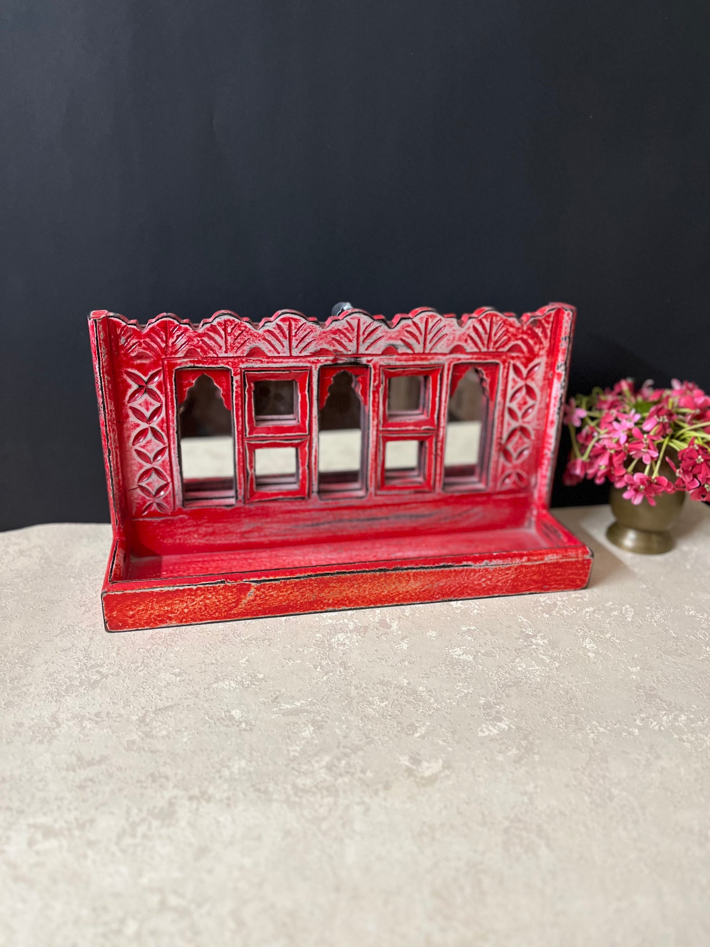 Wooden Pink Jharokha Wall Shelf