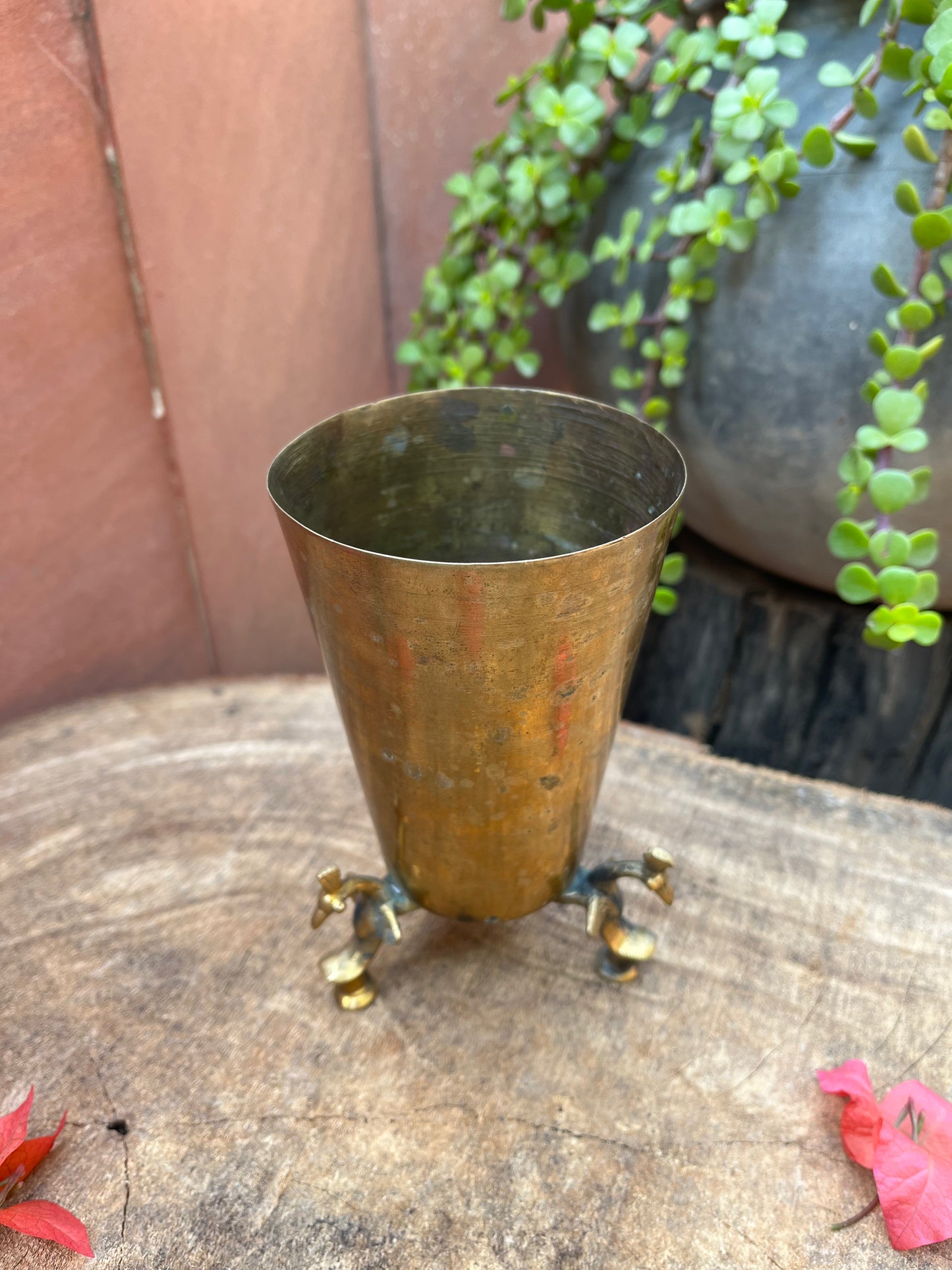 Vintage Brass Glass with peacock stand