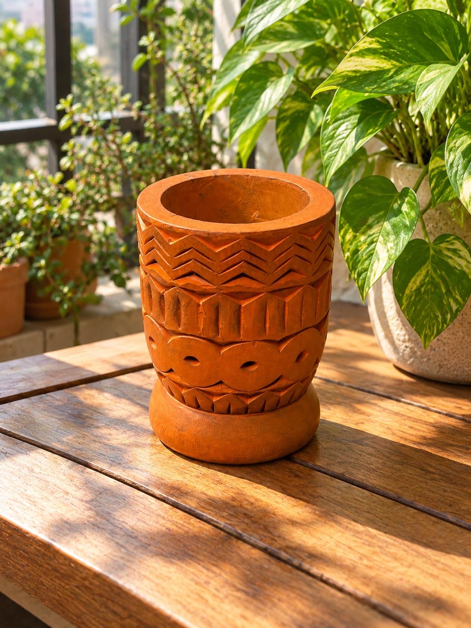 Wood Orange Flower Pot 