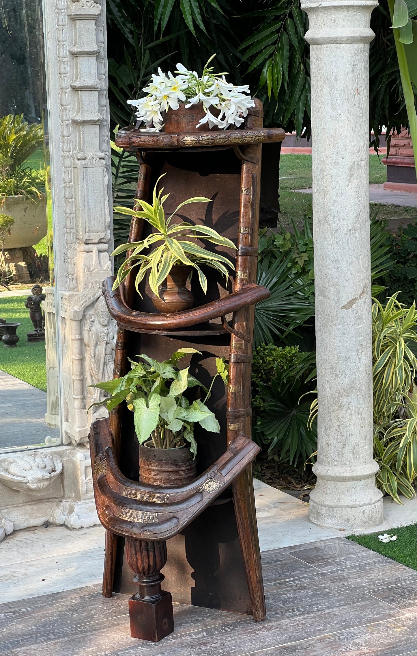 Vintage Camel Seat Wood Standing Plant Shelf