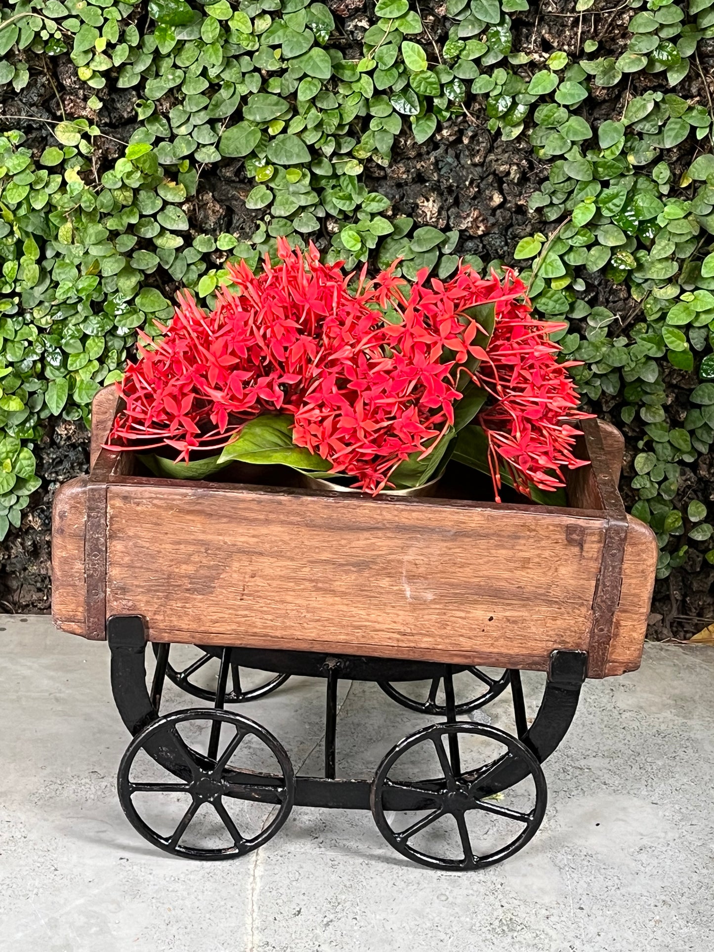 Wooden Old Brick Mould wheel planter Stand