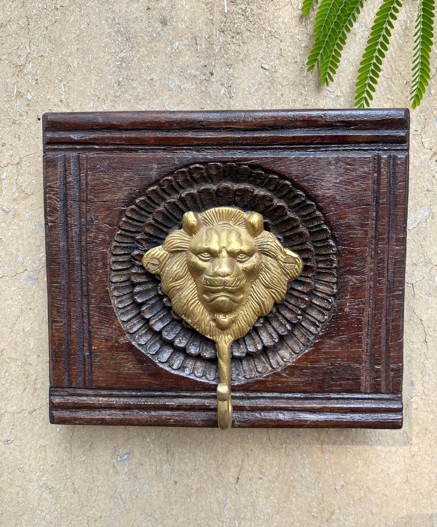 Wood Carved Square Brass Lion Hanger