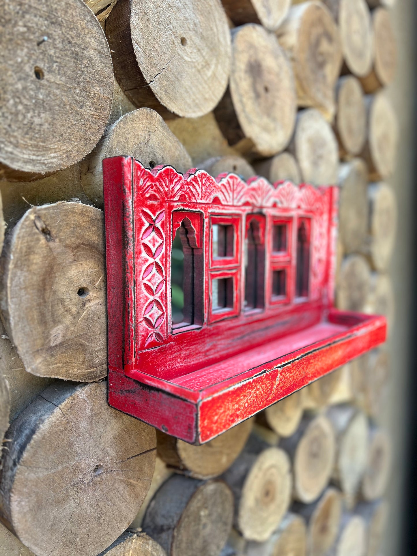 Wooden Pink Jharokha Wall Shelf
