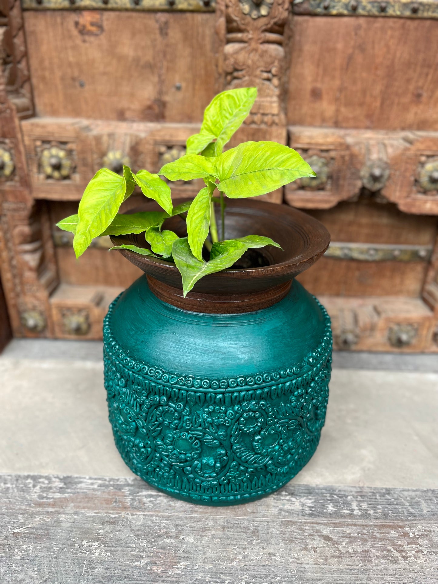 Vintage Wood Green Terracotta Pot