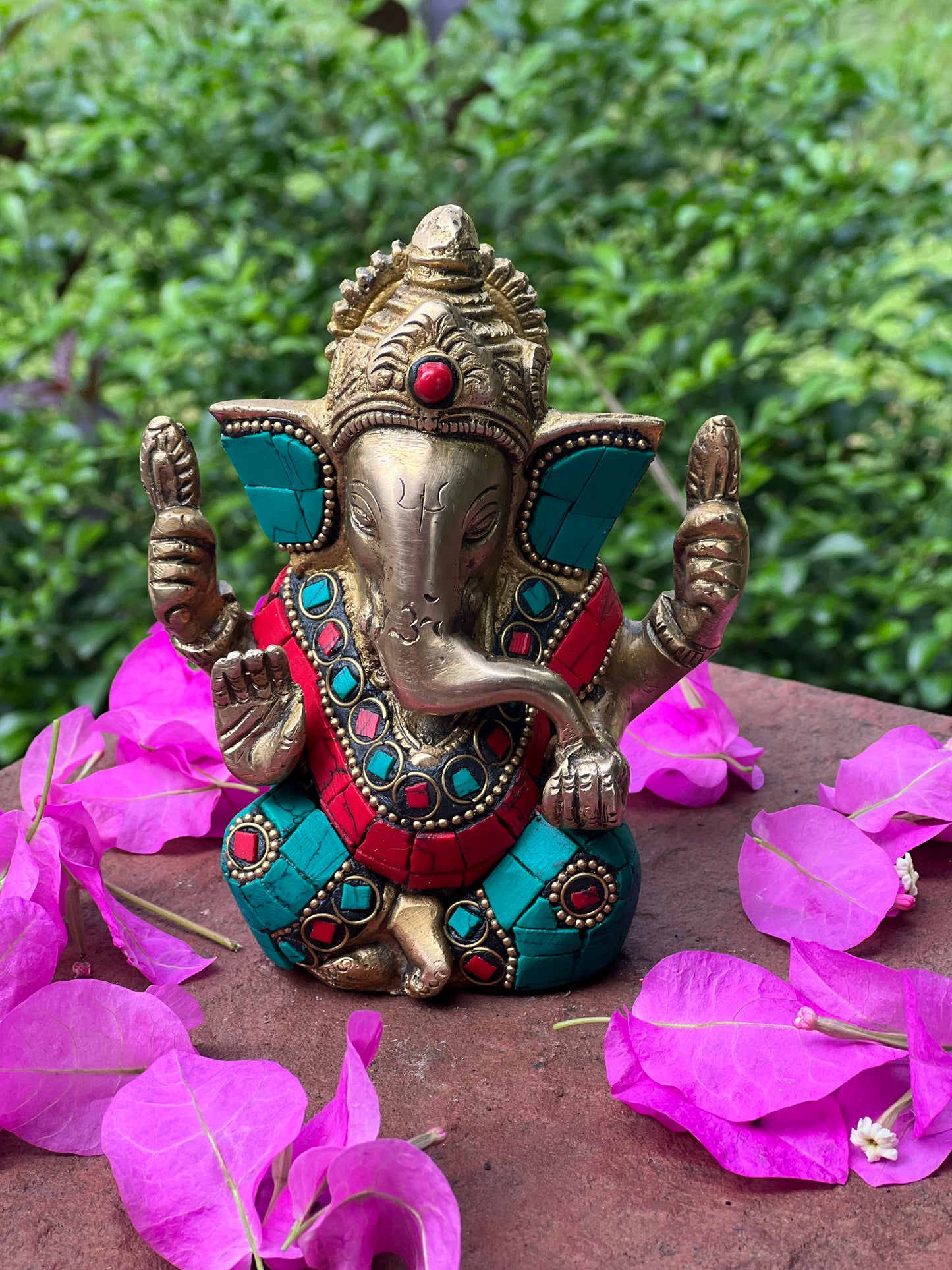 Brass Stone Sitting Ganesha Turquoise
