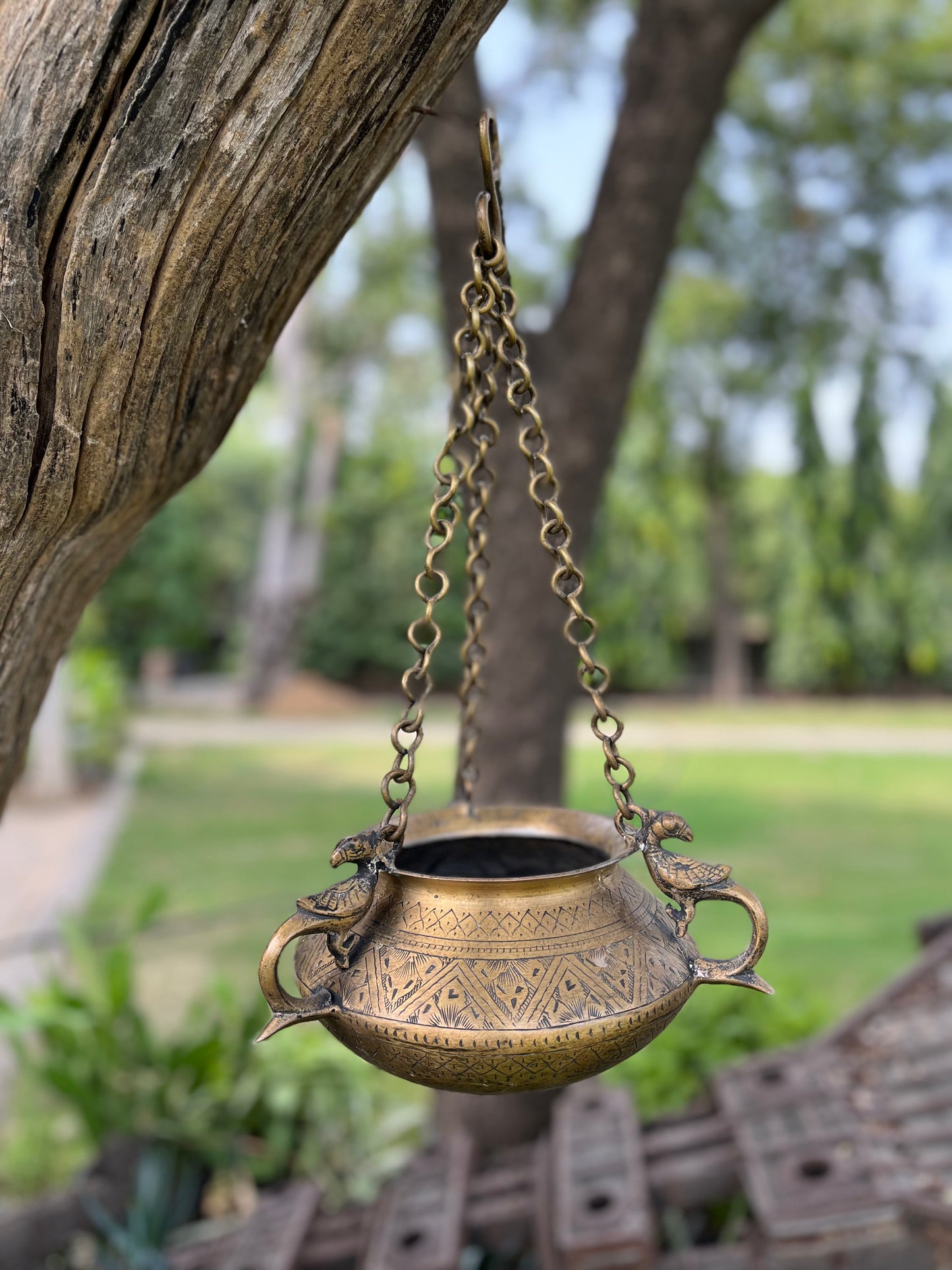 Brass Vintage Carved Peacock Pot Hanging