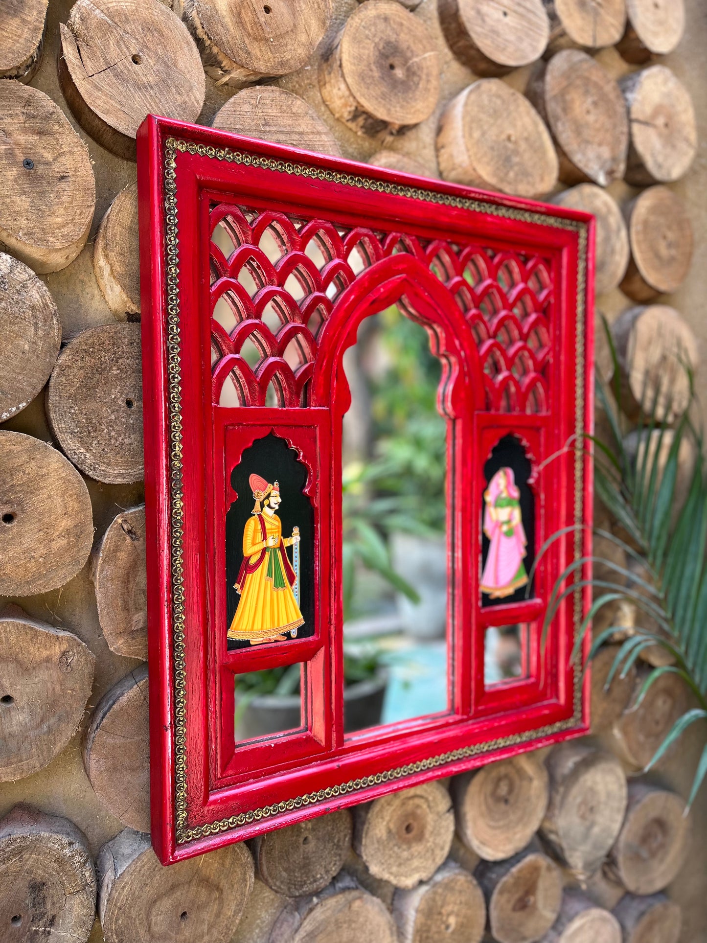 Wooden Red Jharokha Mirror