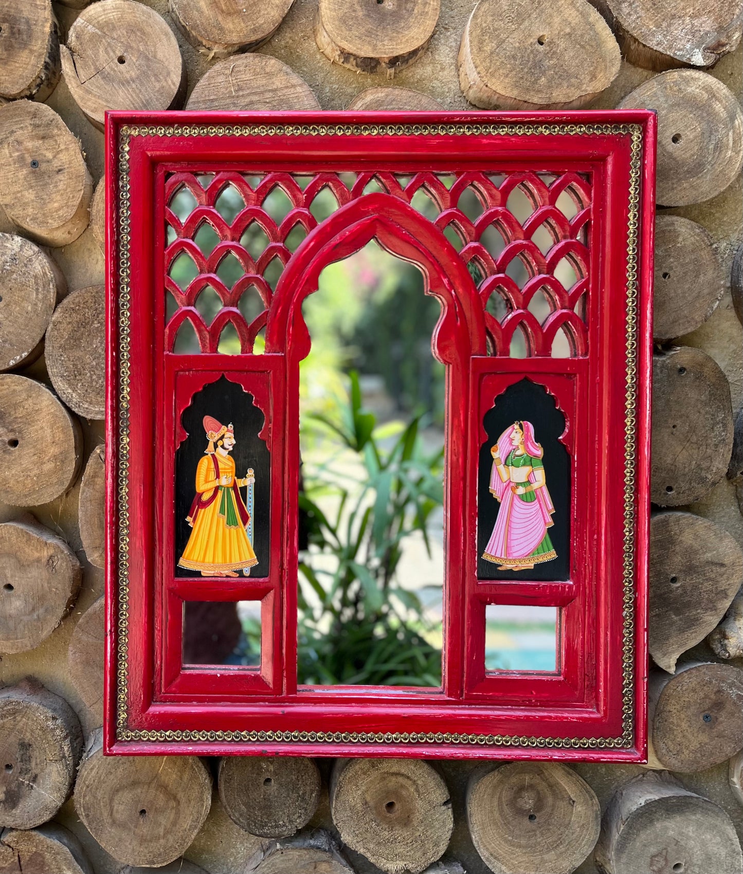 Wooden Red Jharokha Mirror