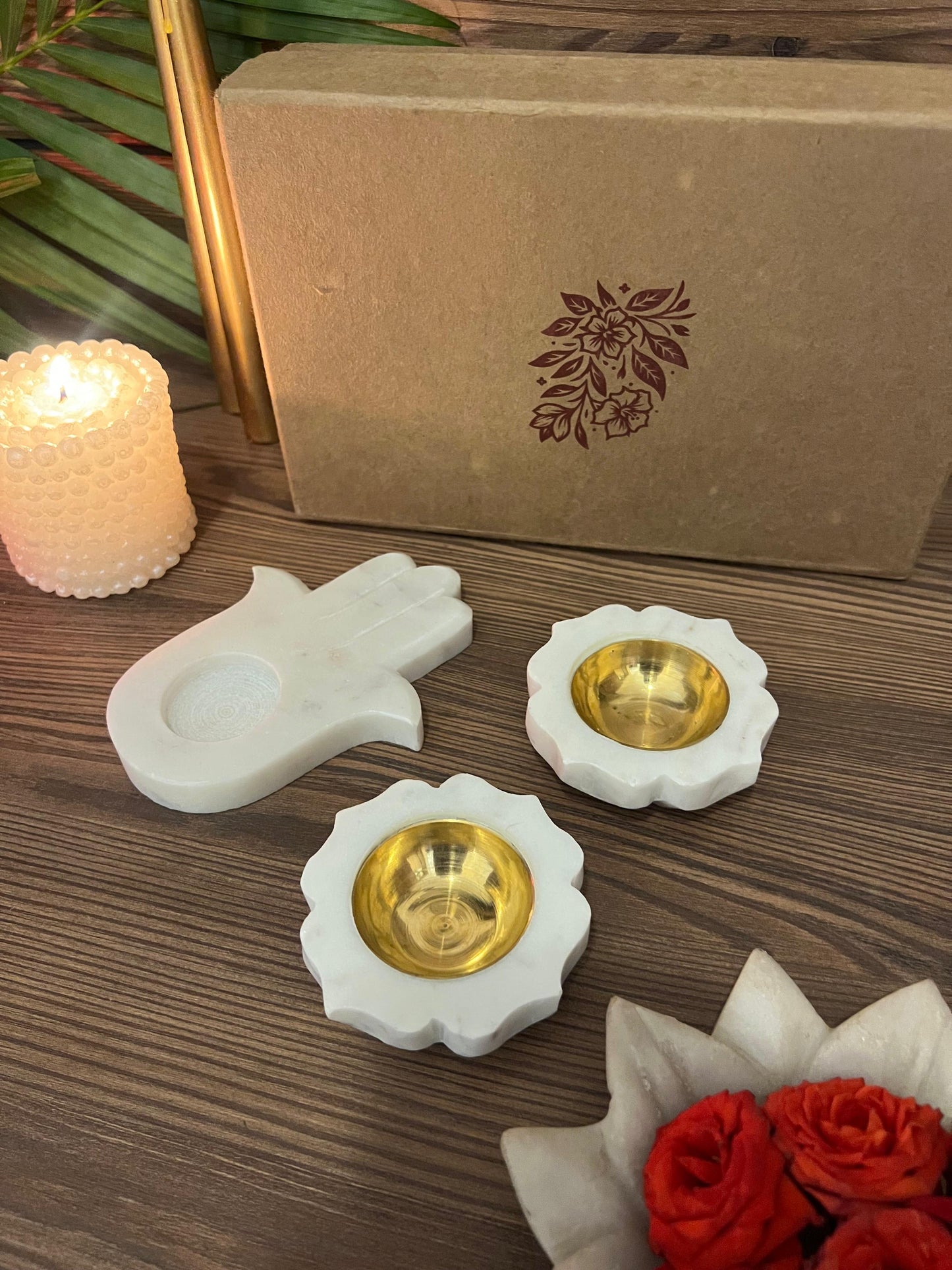 Marble Flower Candle Holder Set of 2 & Hamsa