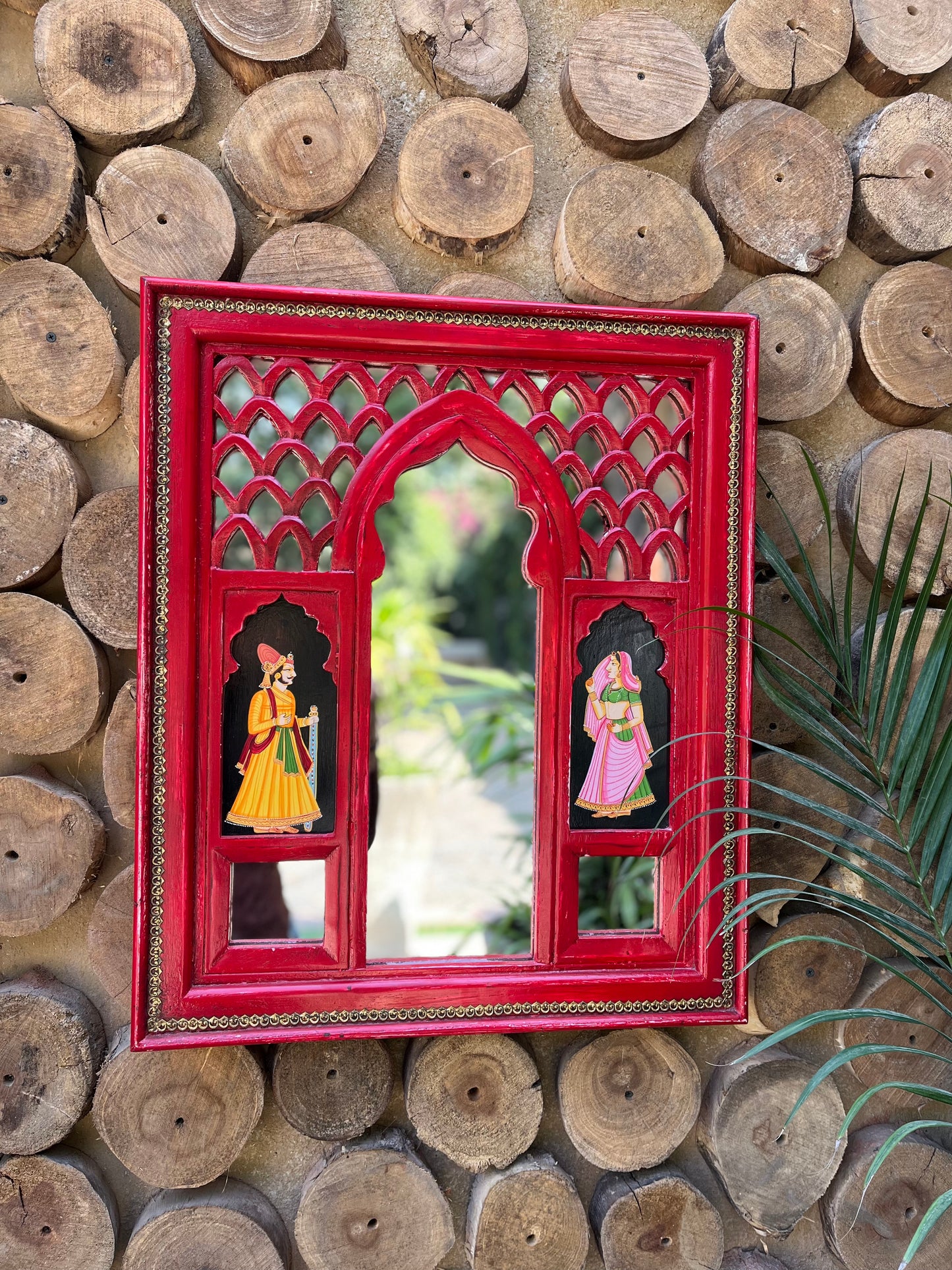 Wooden Red Jharokha Mirror