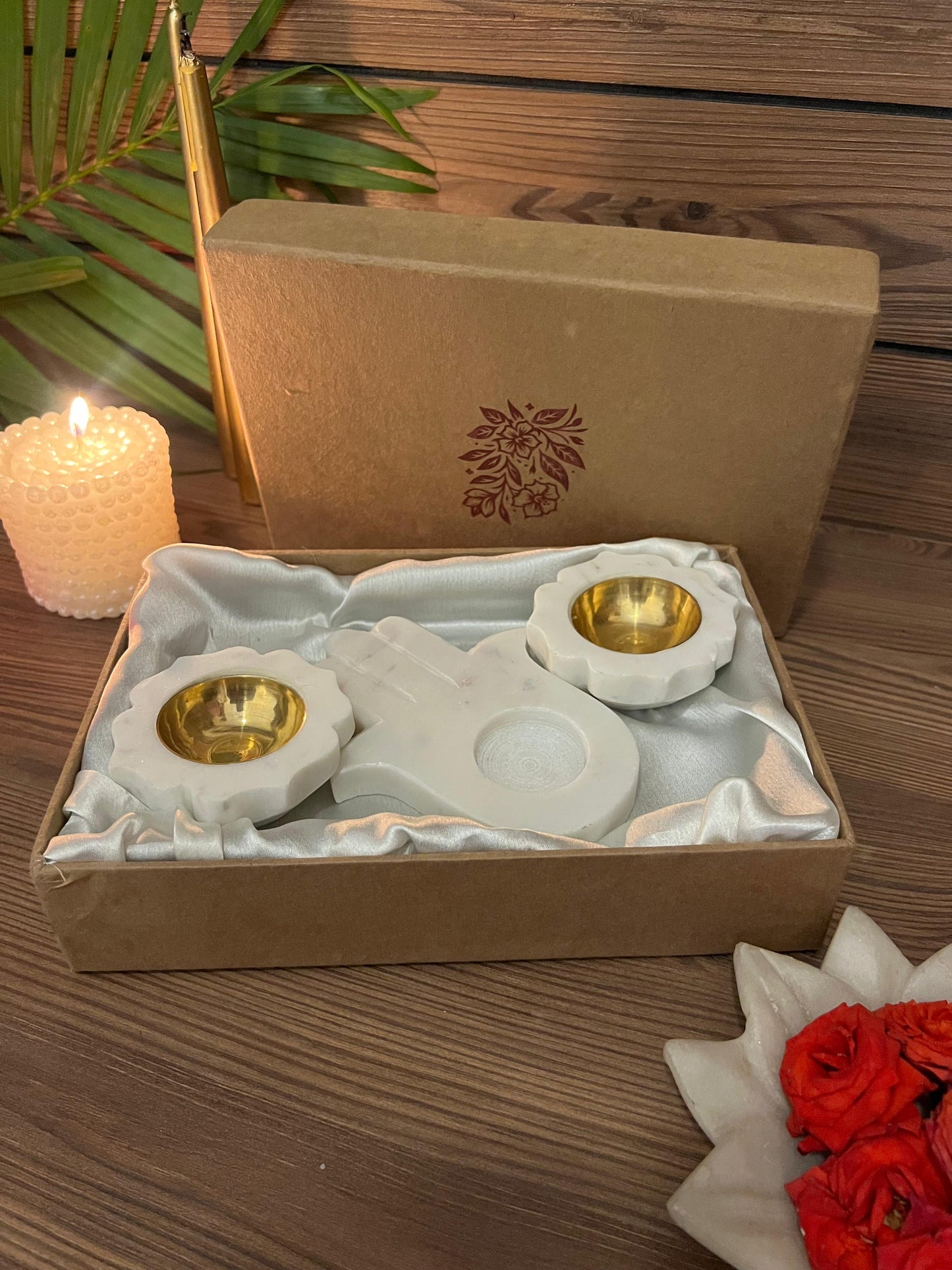 Marble Flower Candle Holder Set of 2 & Hamsa