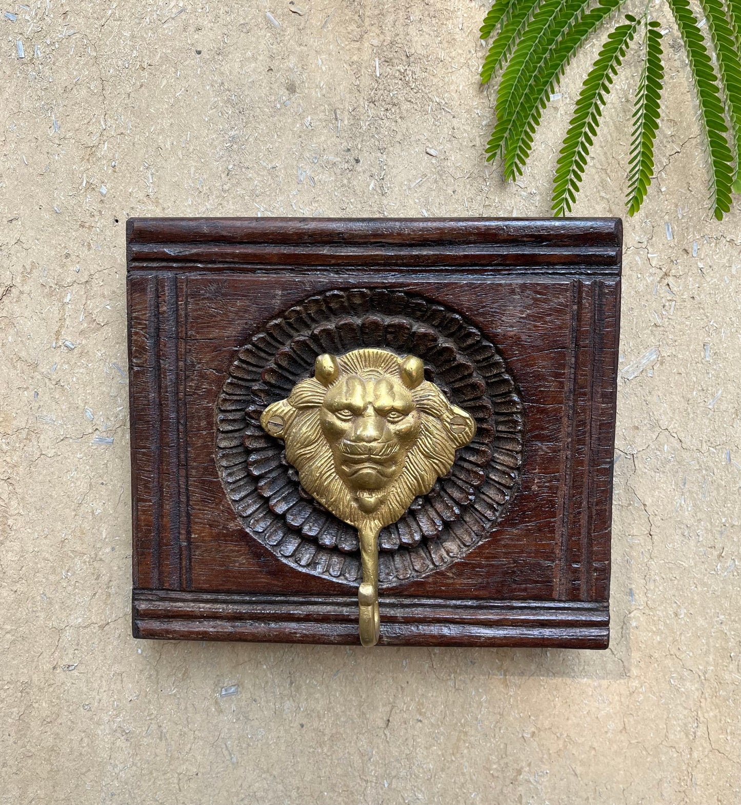 Wood Carved Square Brass Lion Hanger