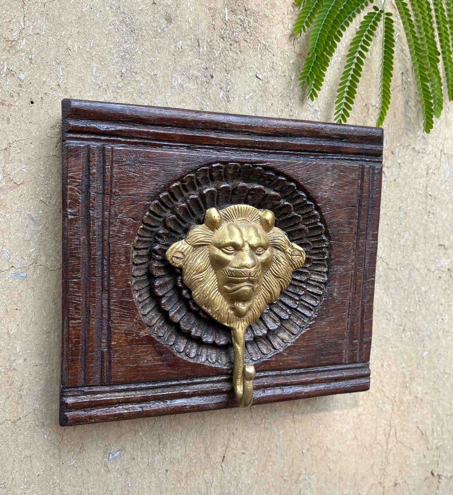 Wood Carved Square Brass Lion Hanger