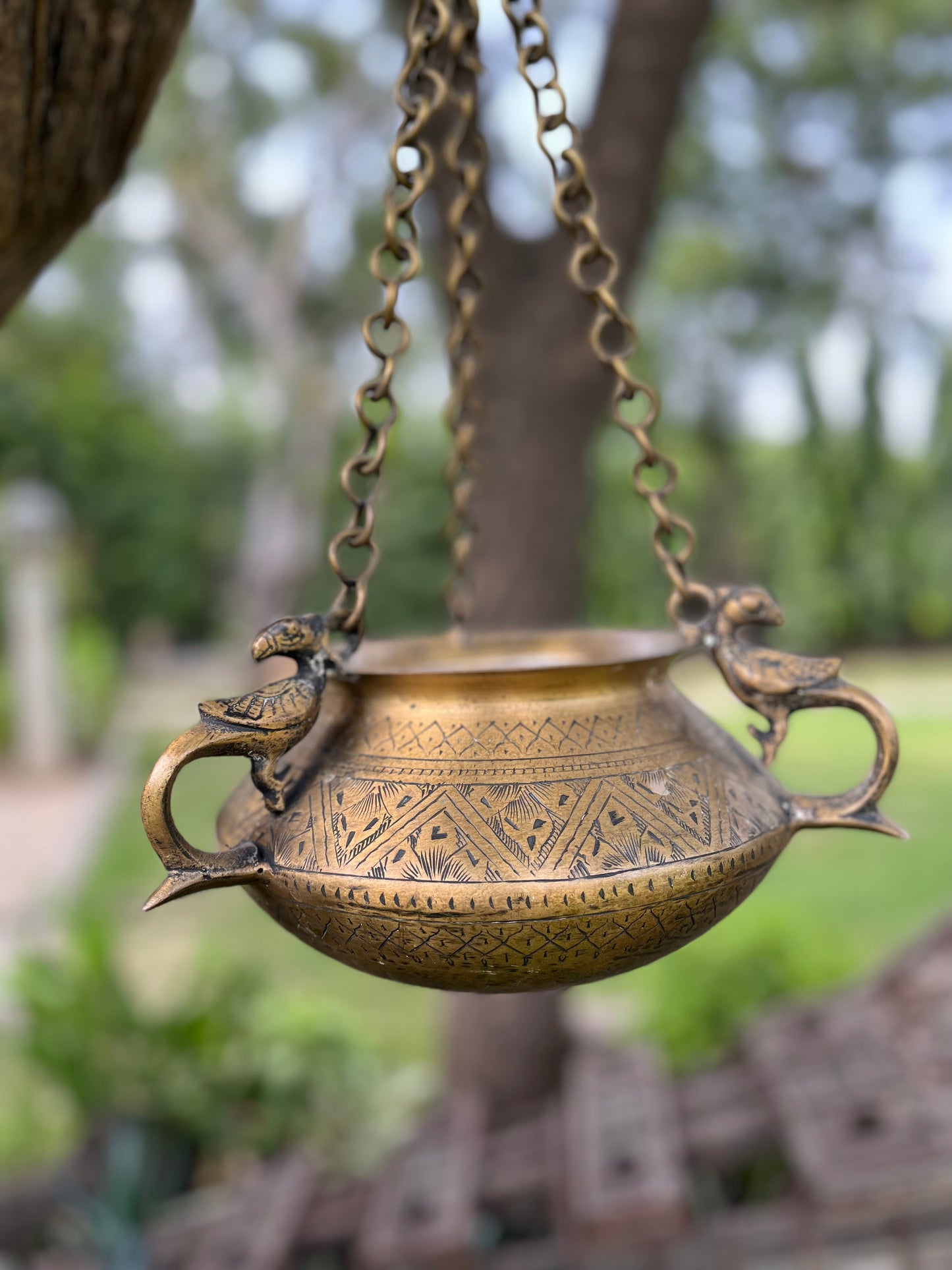 Brass Vintage Carved Peacock Pot Hanging