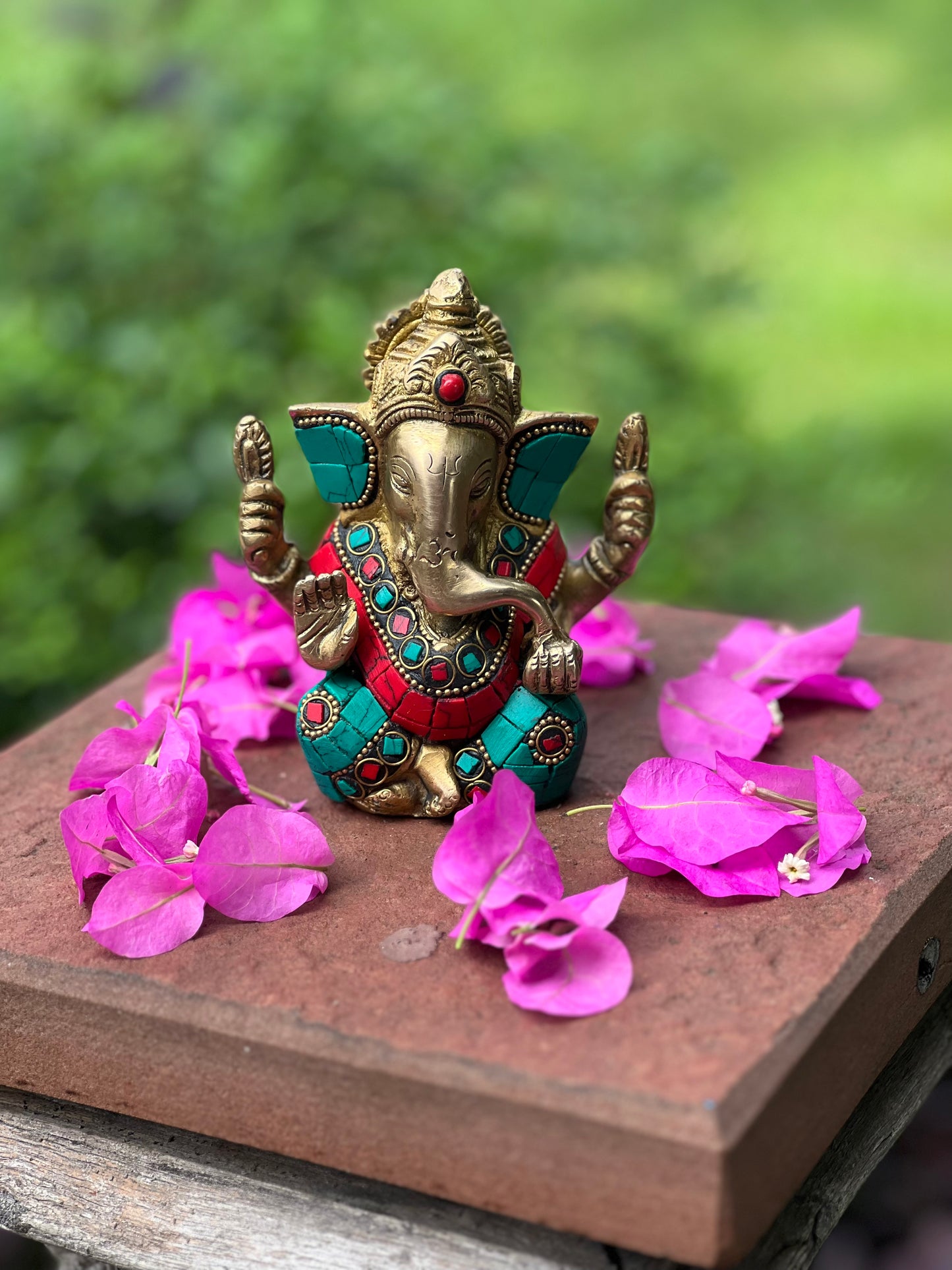 Brass Stone Sitting Ganesha Turquoise