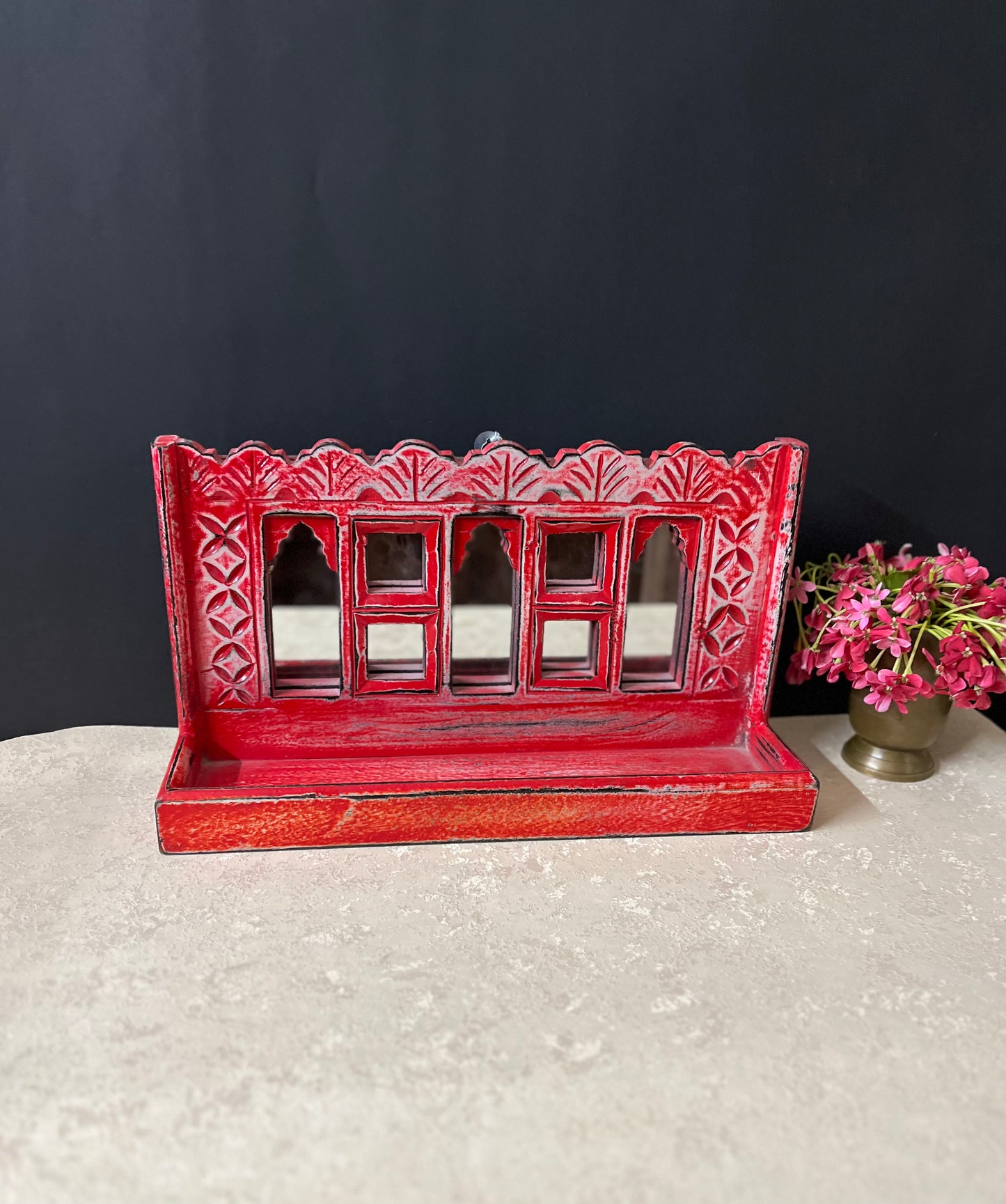 Wooden Pink Jharokha Wall Shelf
