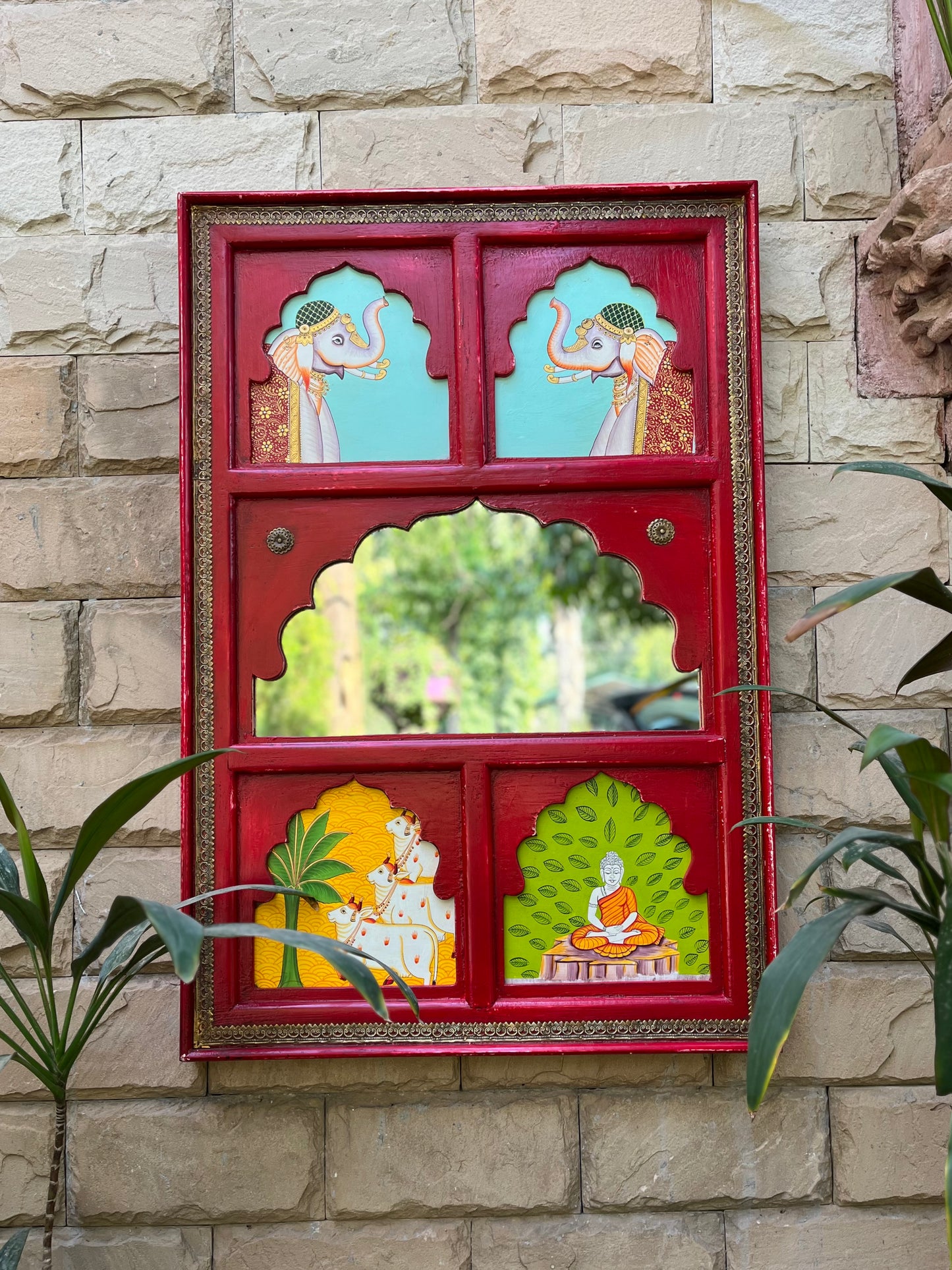 Wooden Painted Jharokha Mirror