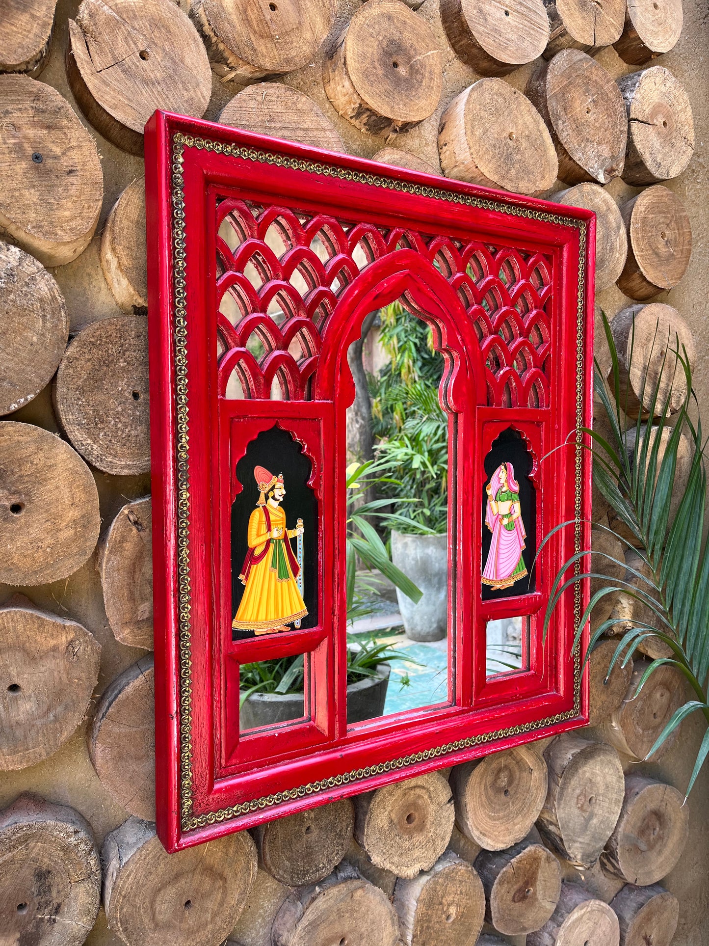 Wooden Red Jharokha Mirror