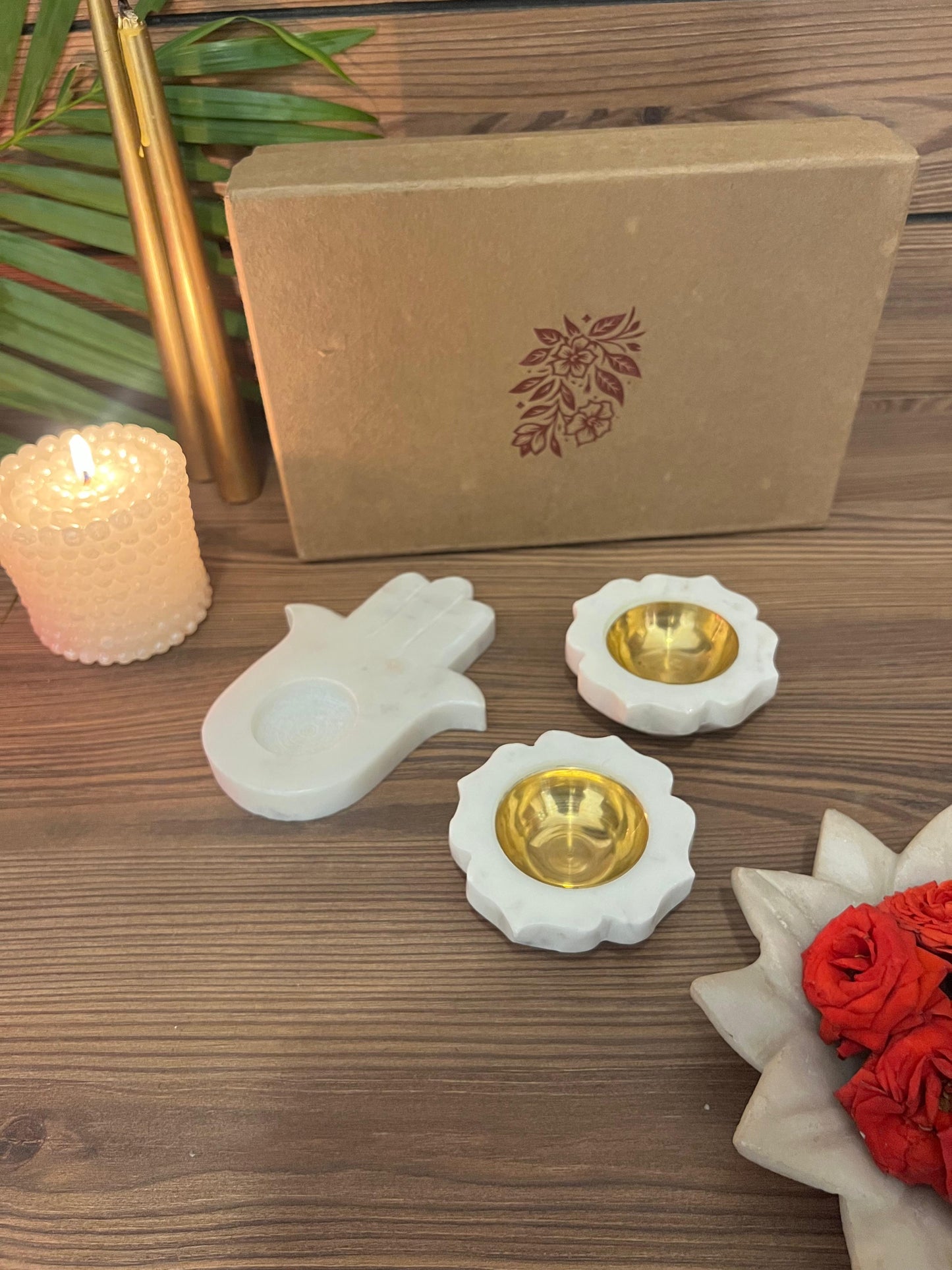 Marble Flower Candle Holder Set of 2 & Hamsa