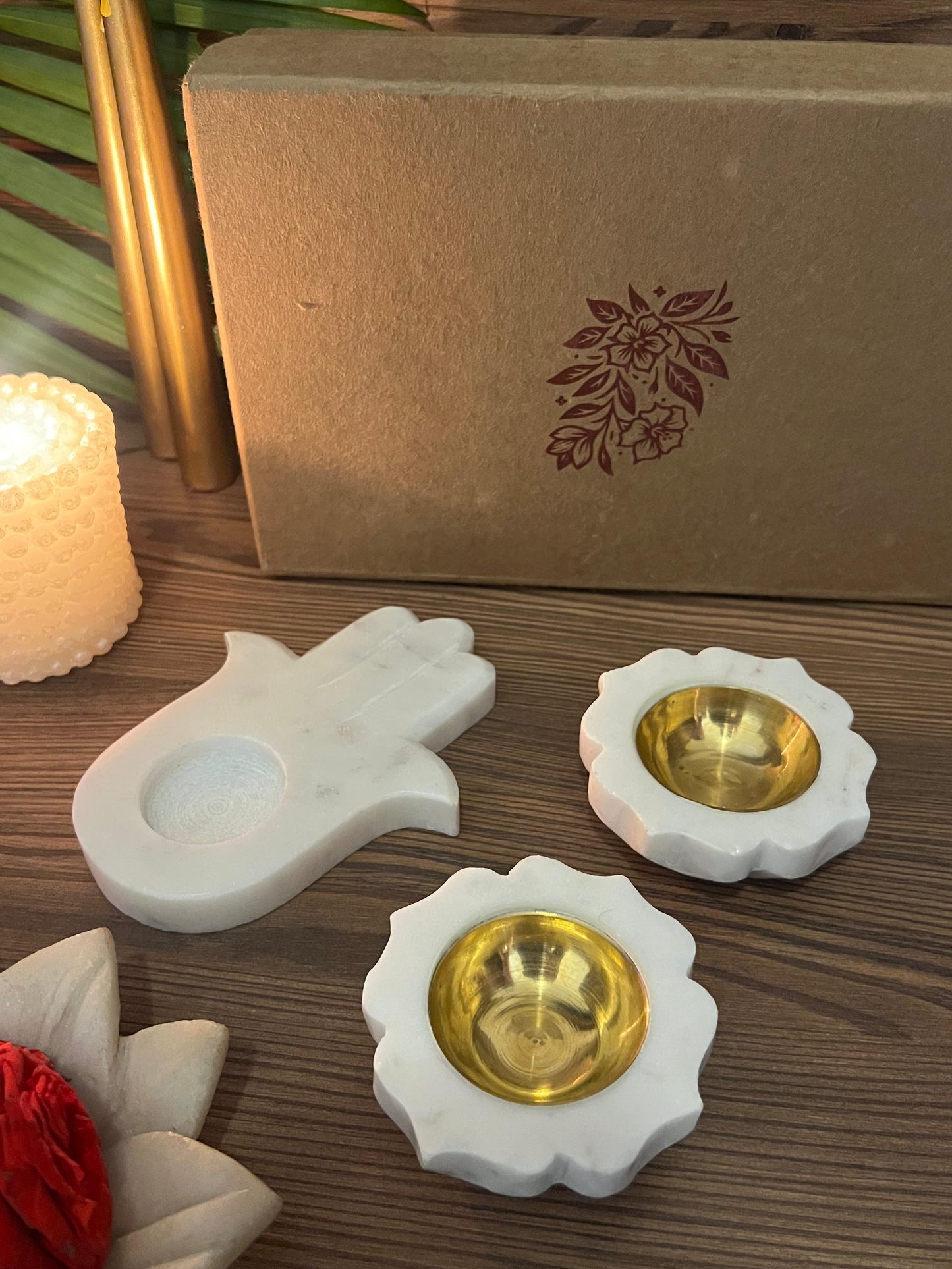 Marble Flower Candle Holder Set of 2 & Hamsa