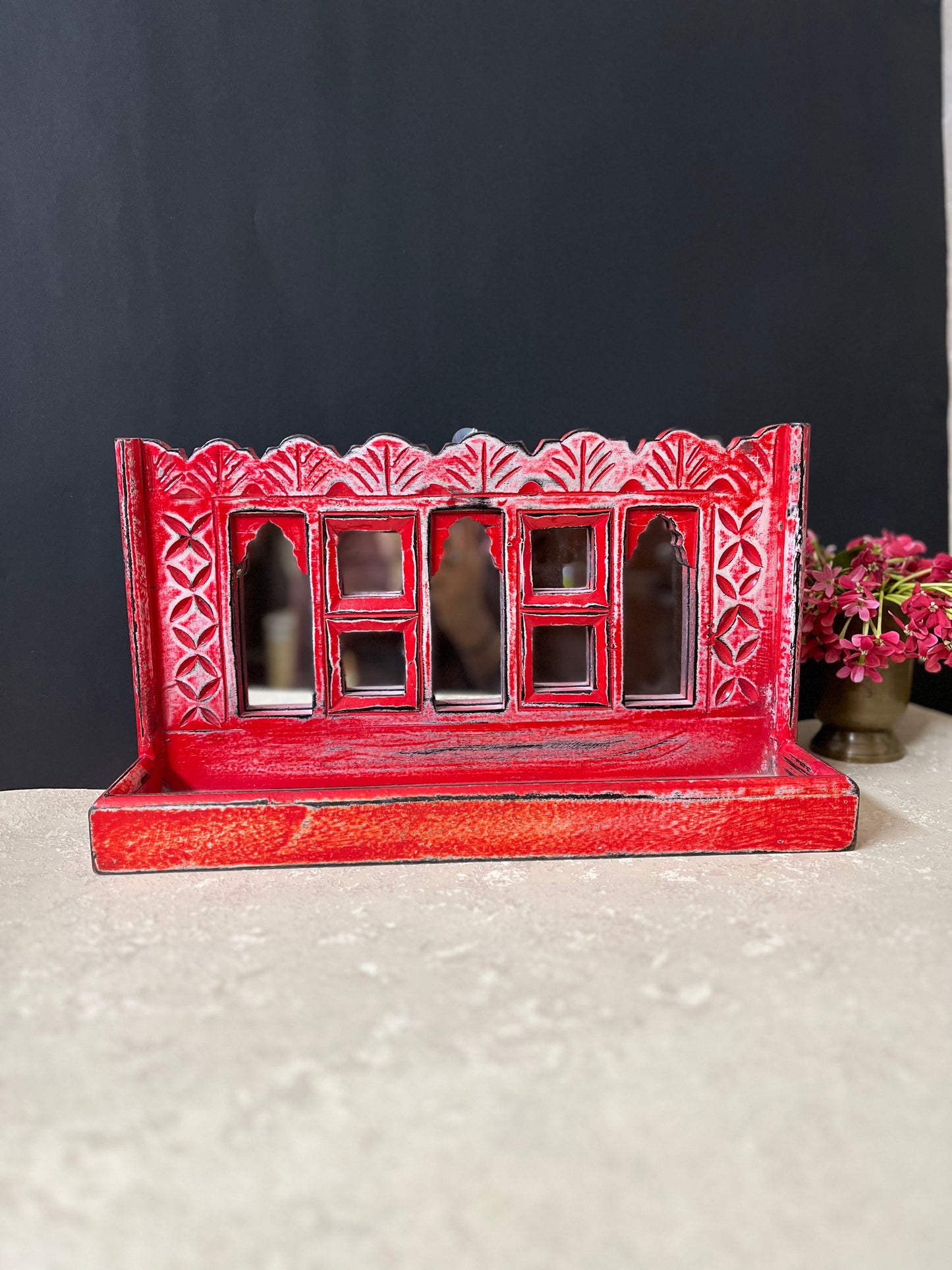 Wooden Pink Jharokha Wall Shelf