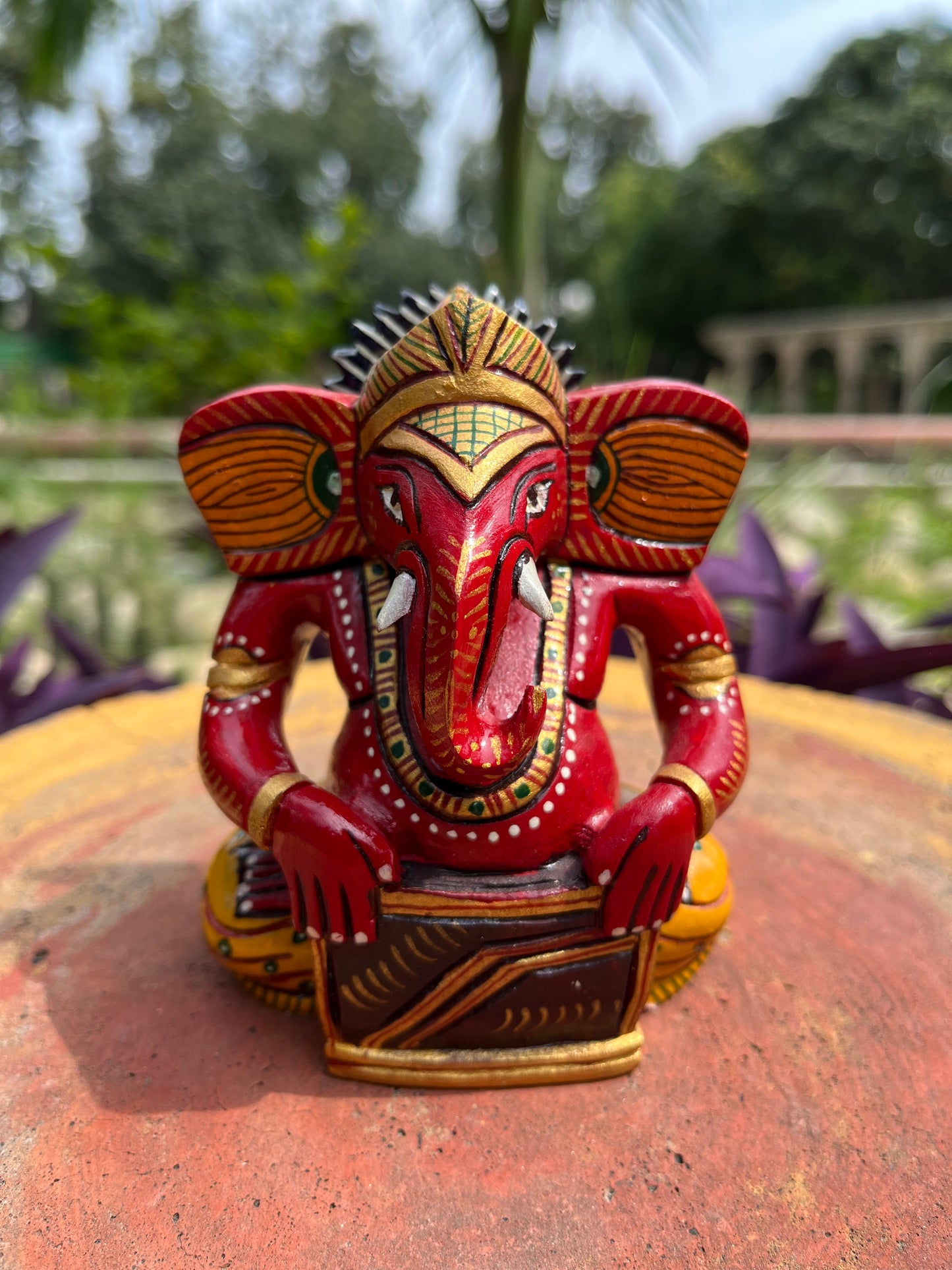 Wooden Red Colour Musician Ganesha