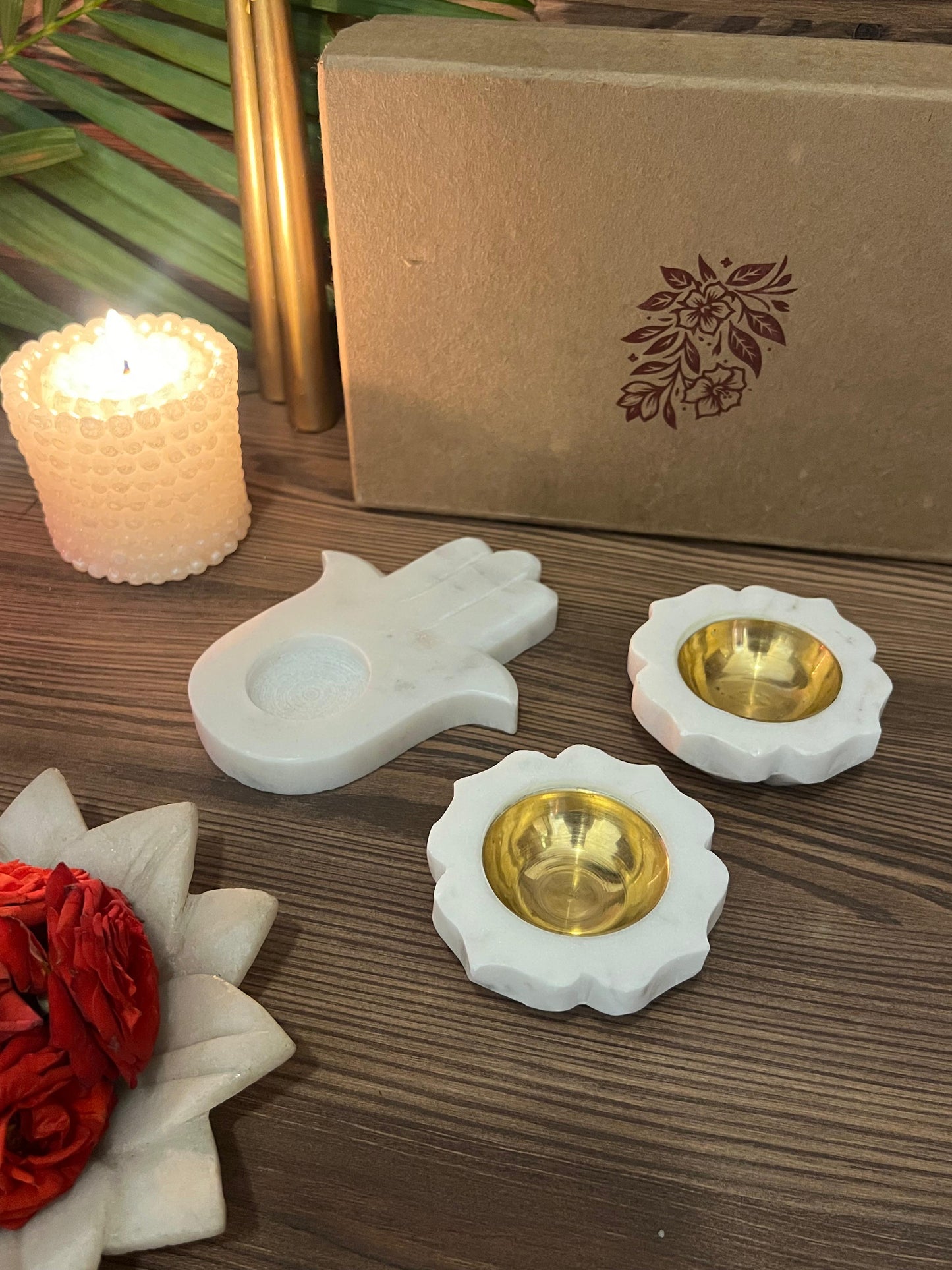 Marble Flower Candle Holder Set of 2 & Hamsa