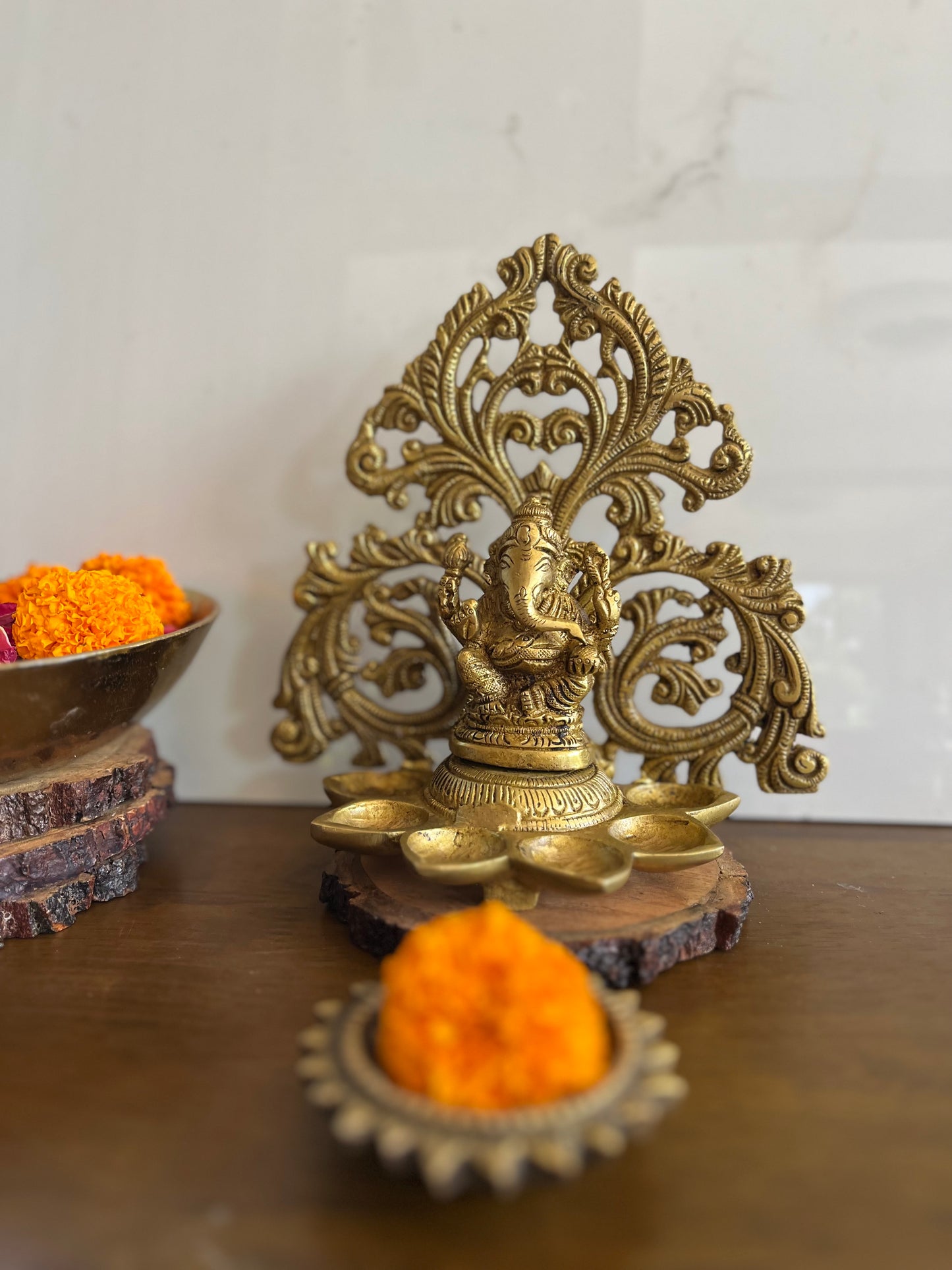 Brass Ganesha Lamp Six Diya