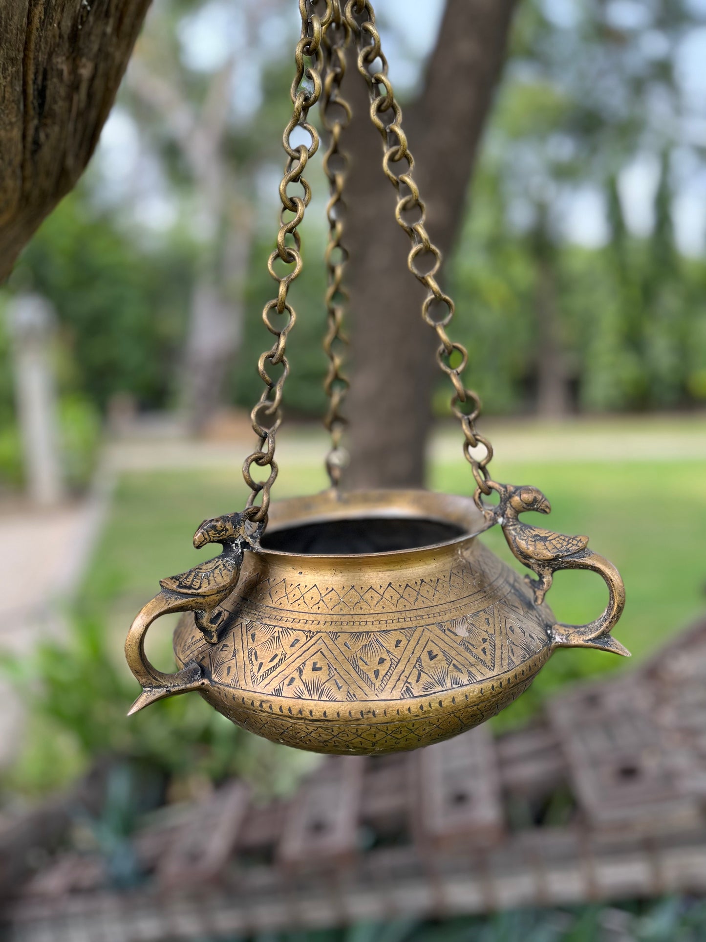 Brass Vintage Carved Peacock Pot Hanging