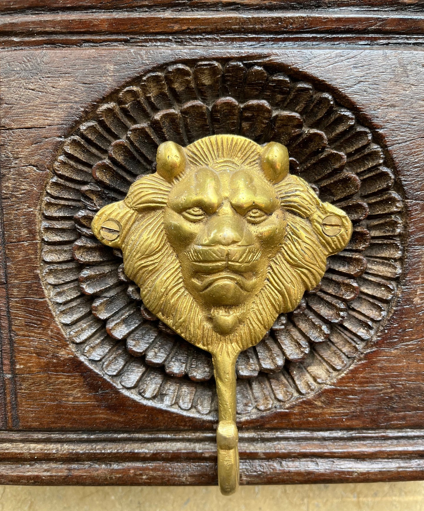 Wood Carved Square Brass Lion Hanger