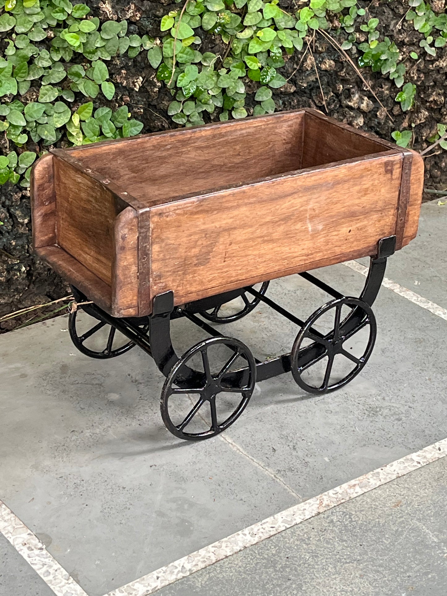 Wooden Old Brick Mould wheel planter Stand