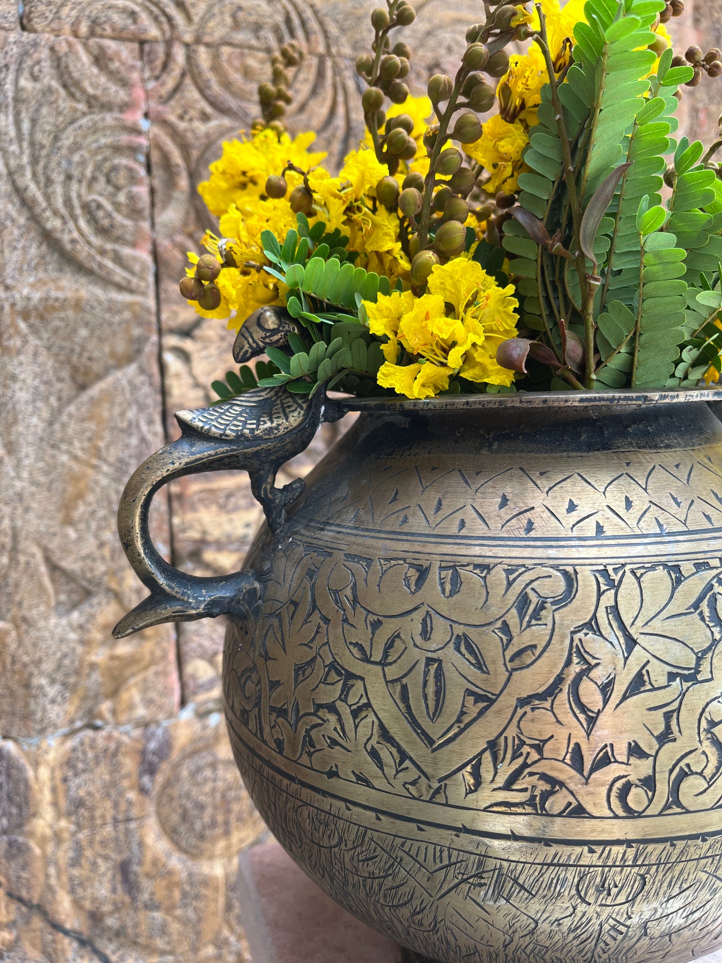 Vintage Brass Pot With Peacock Handle