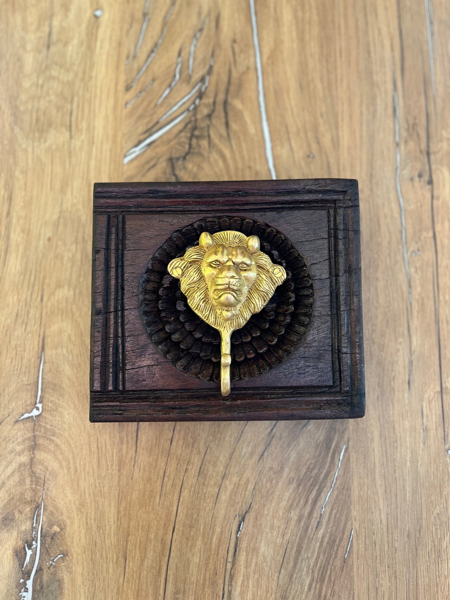Wooden Square Brass Lion Wall Hook