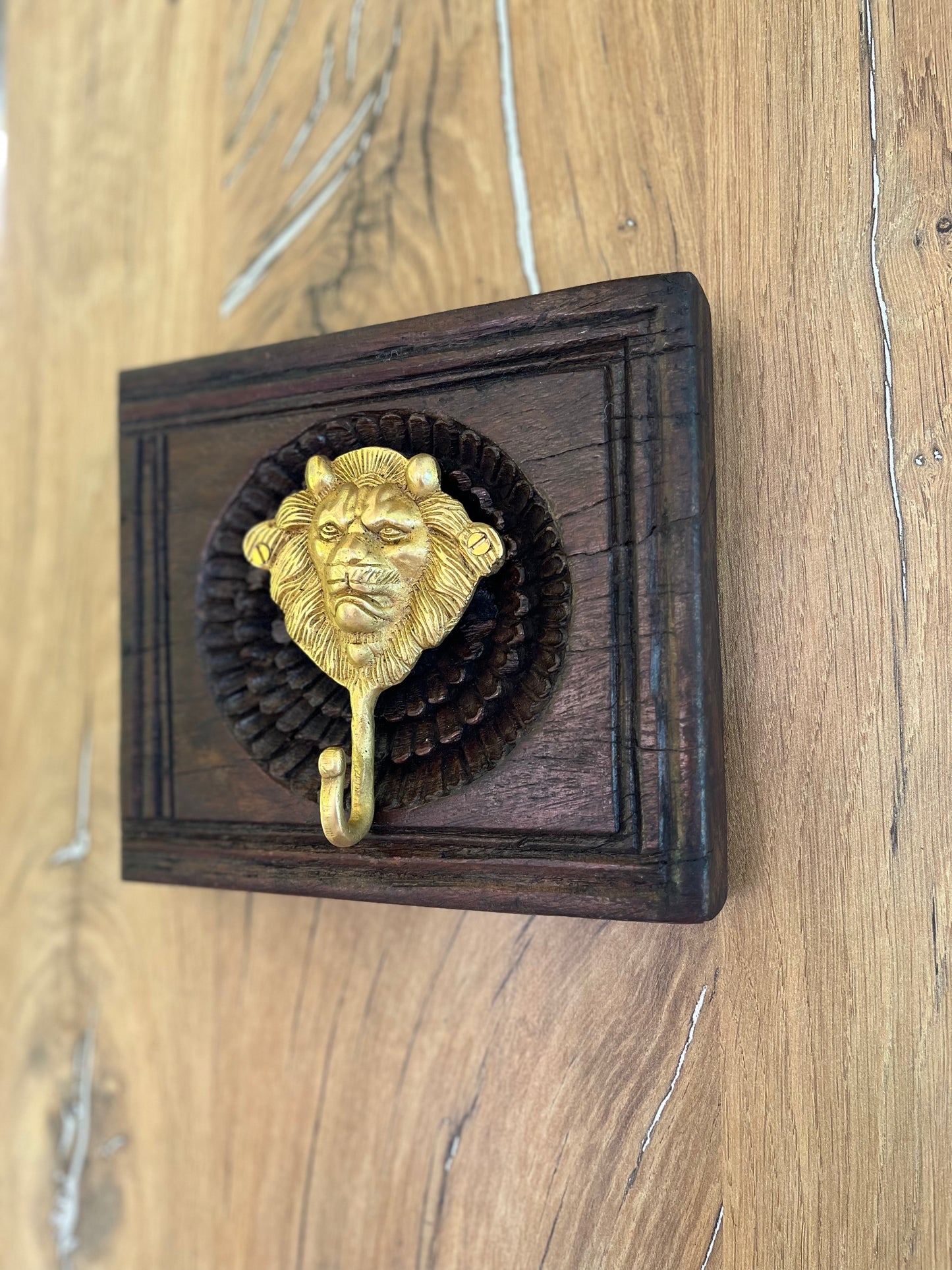 Wooden Square Brass Lion Wall Hook