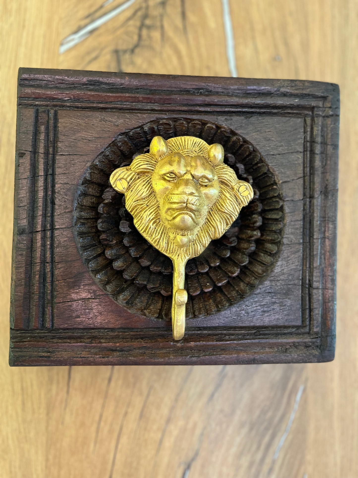 Wooden Square Brass Lion Wall Hook