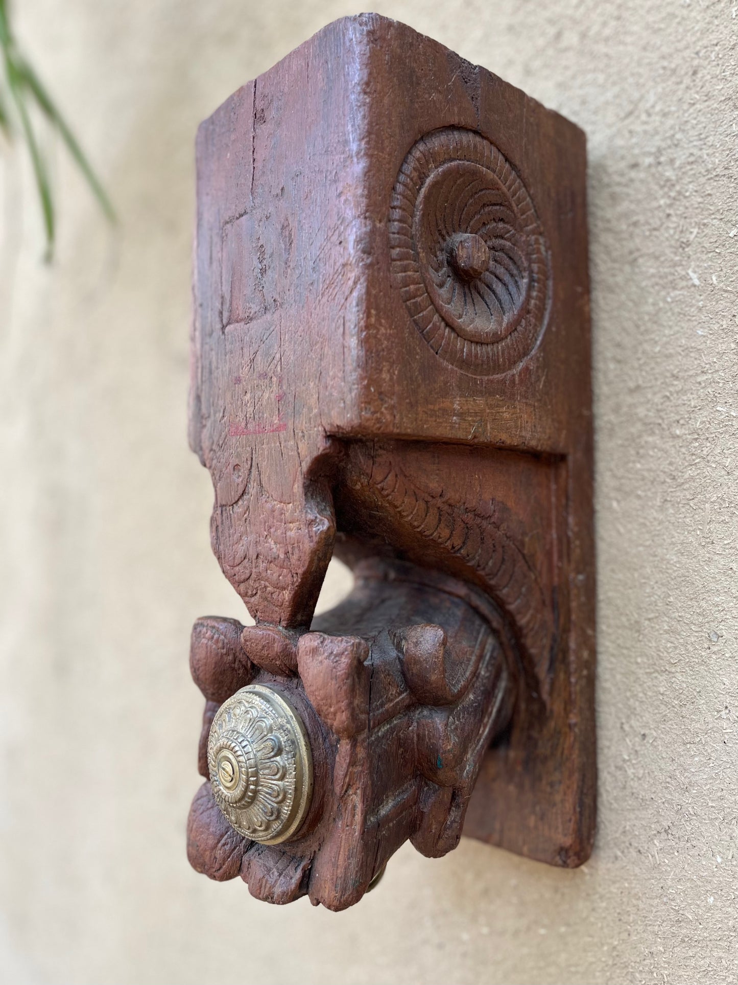 Vintage Wooden Bracket With Brass Flower