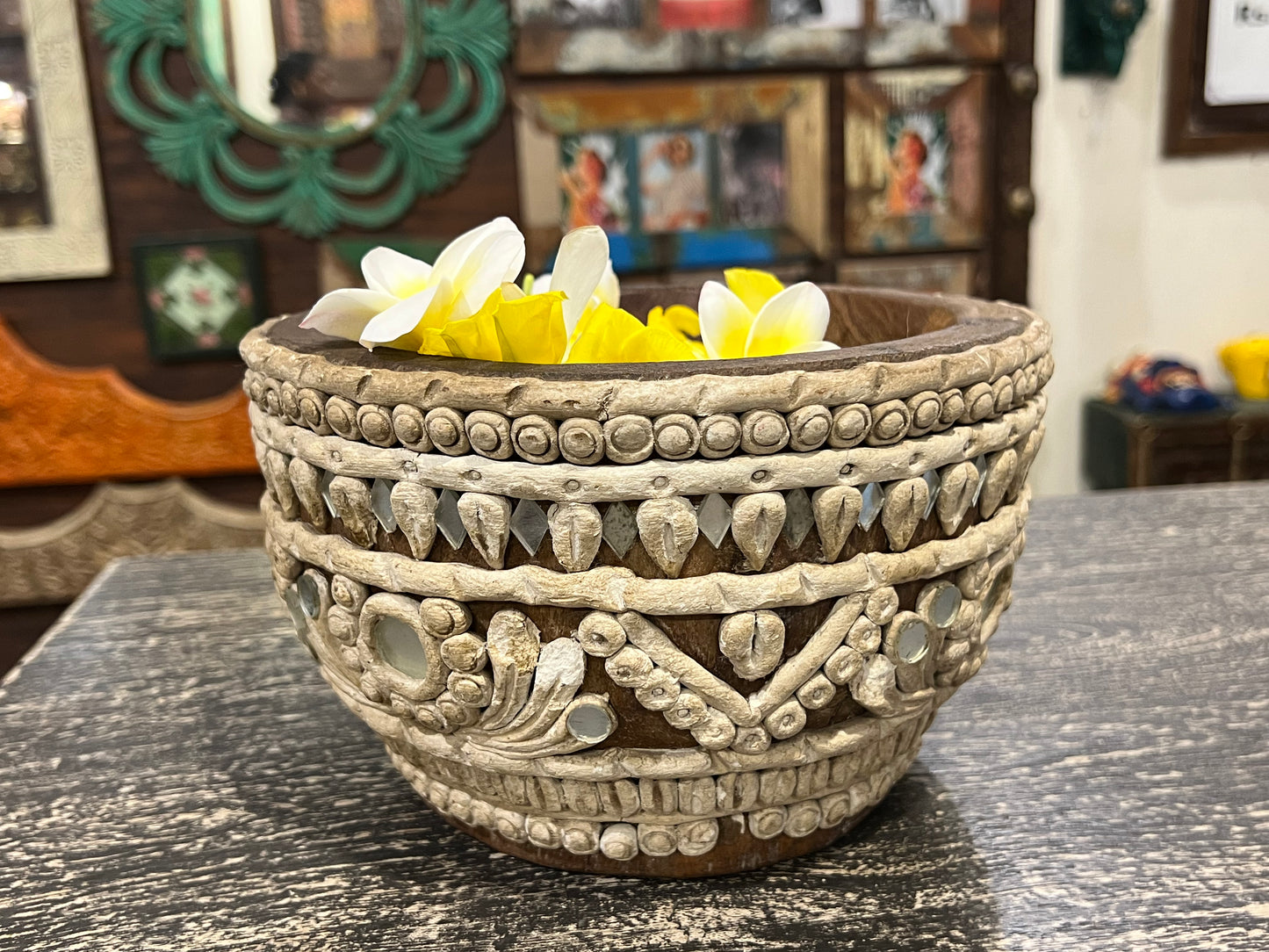 Image of Elegant and Traditional Wooden Bowl with Clay Work. The Source India is an Indian Handicraft, Home Decor, Furnishing and Textiles Store. Based out of Hauz Khas Village New Delhi, each piece is carefully procured to allow the enhancement of India's Culture.
