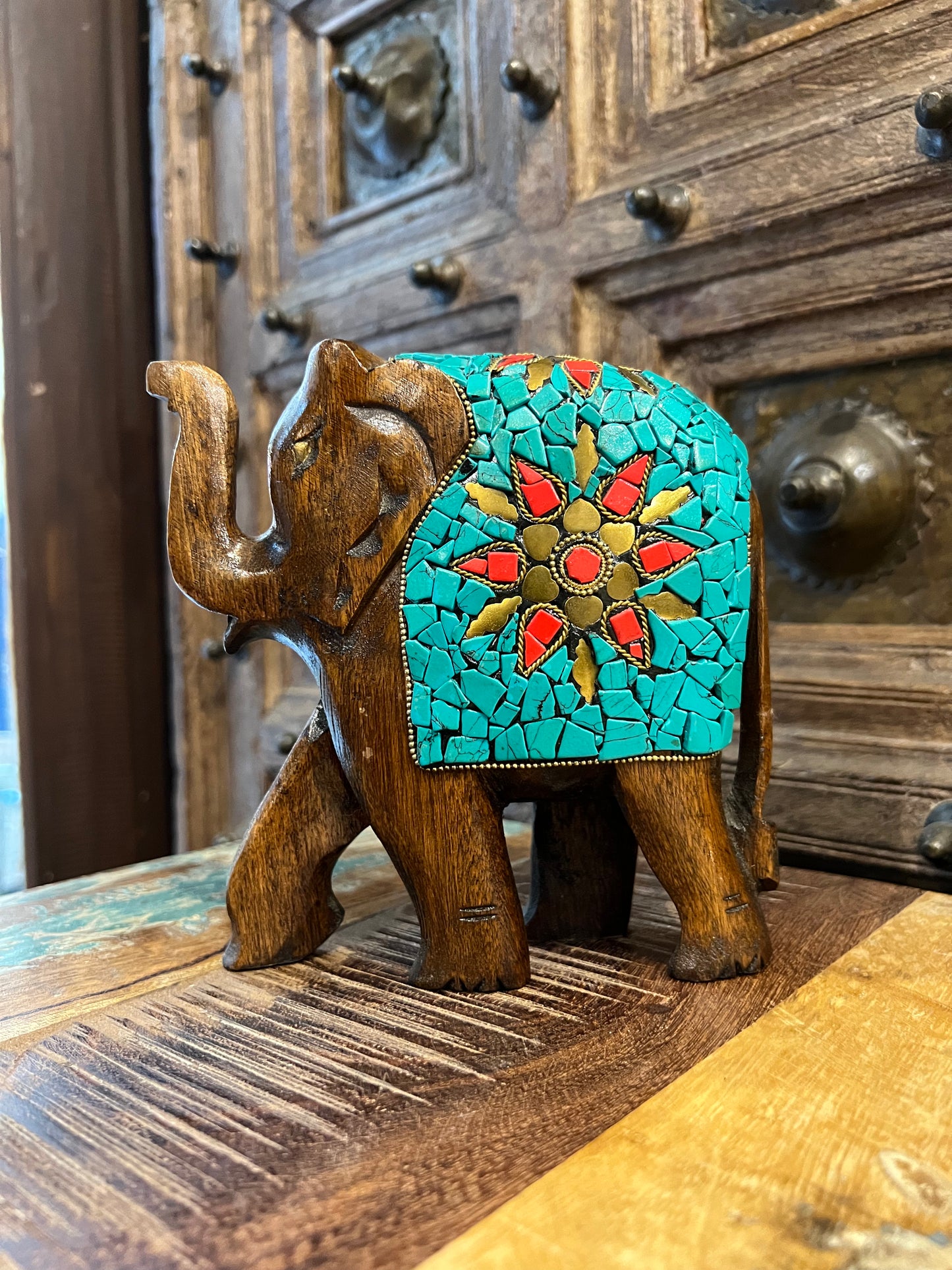 Image of Wooden Elephant with Stone Work. The Source India is an Indian Handicraft, Home Decor, Furnishing and Textiles Store. Our Mission is to allow the enhancement of India's Culture