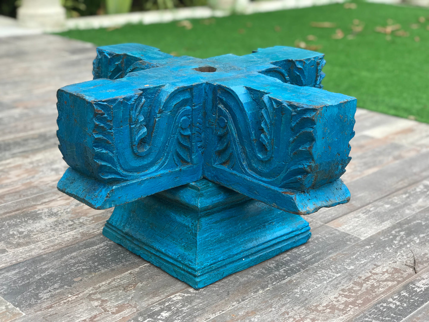 Elegant and Traditional Wooden Carved Blue Bracket Coffee Table. The Source India is an Indian Handicraft, Home Decor, Furnishing and Textiles Store. Based out of Hauz Khas Village New Delhi, each piece is carefully procured to allow the enhancement of India's Culture.