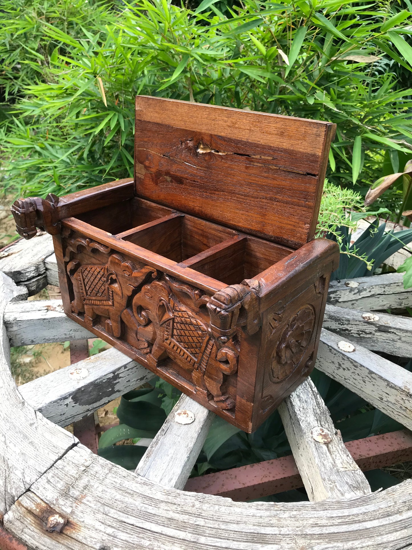 Image of Elegant and Traditional Wooden Horse Head with Elephants Box. The Source India is an Indian Handicraft, Home Decor, Furnishing and Textiles Store. Based out of Hauz Khas Village New Delhi, each piece is carefully procured to allow the enhancement of India's Culture.