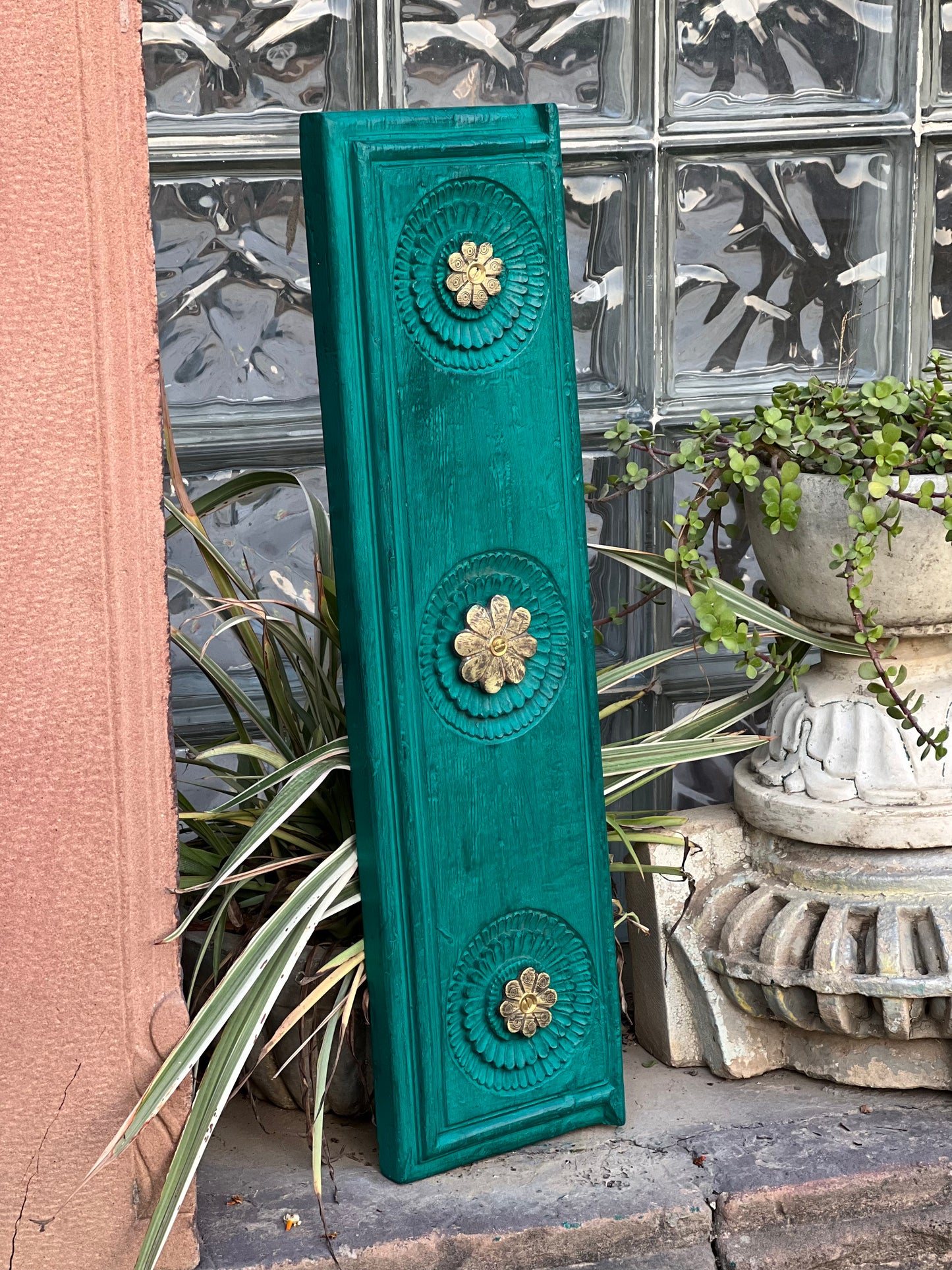 Wooden Carved Panel With Brass Flower