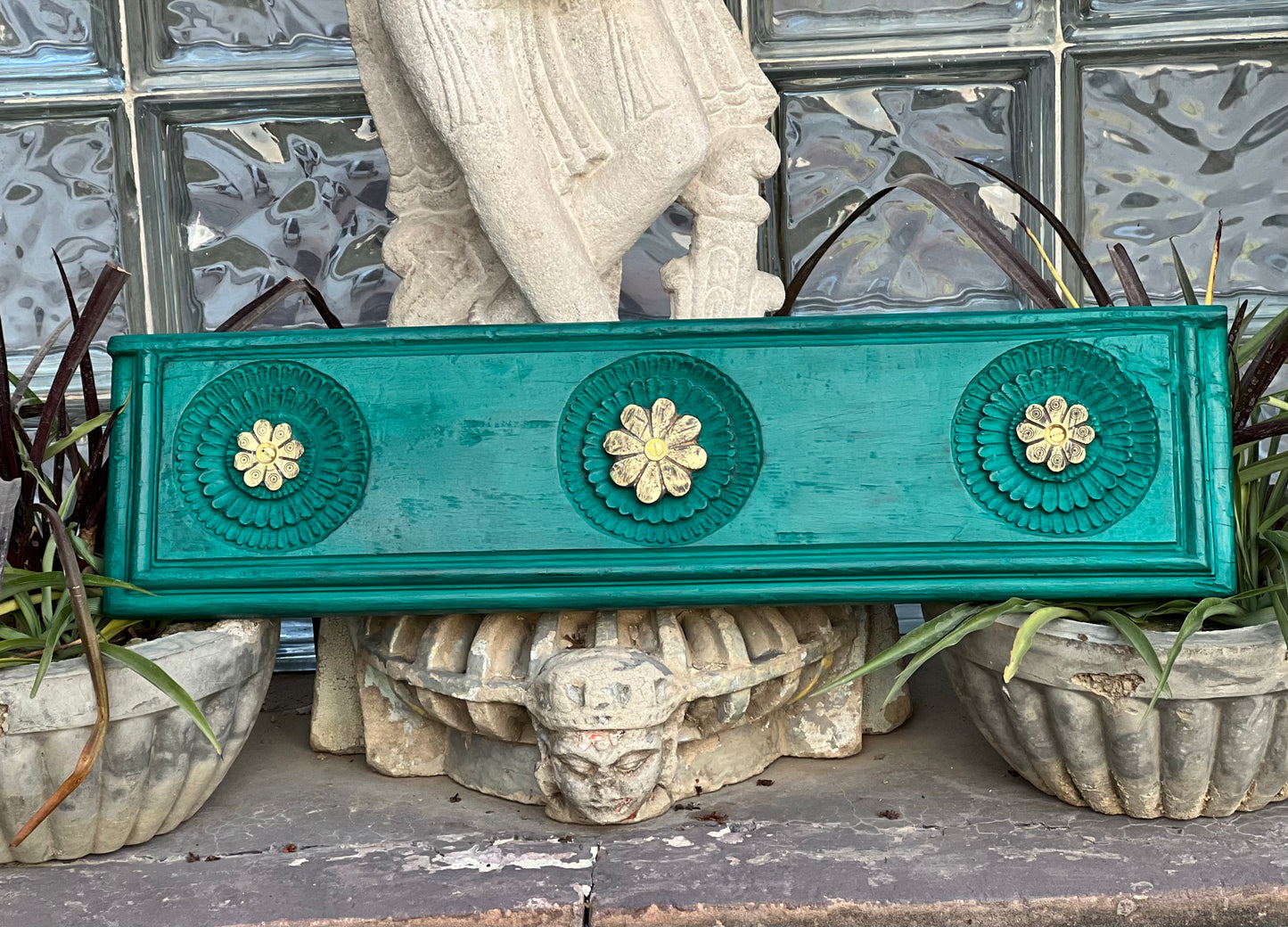 Wooden Carved Panel With Brass Flower