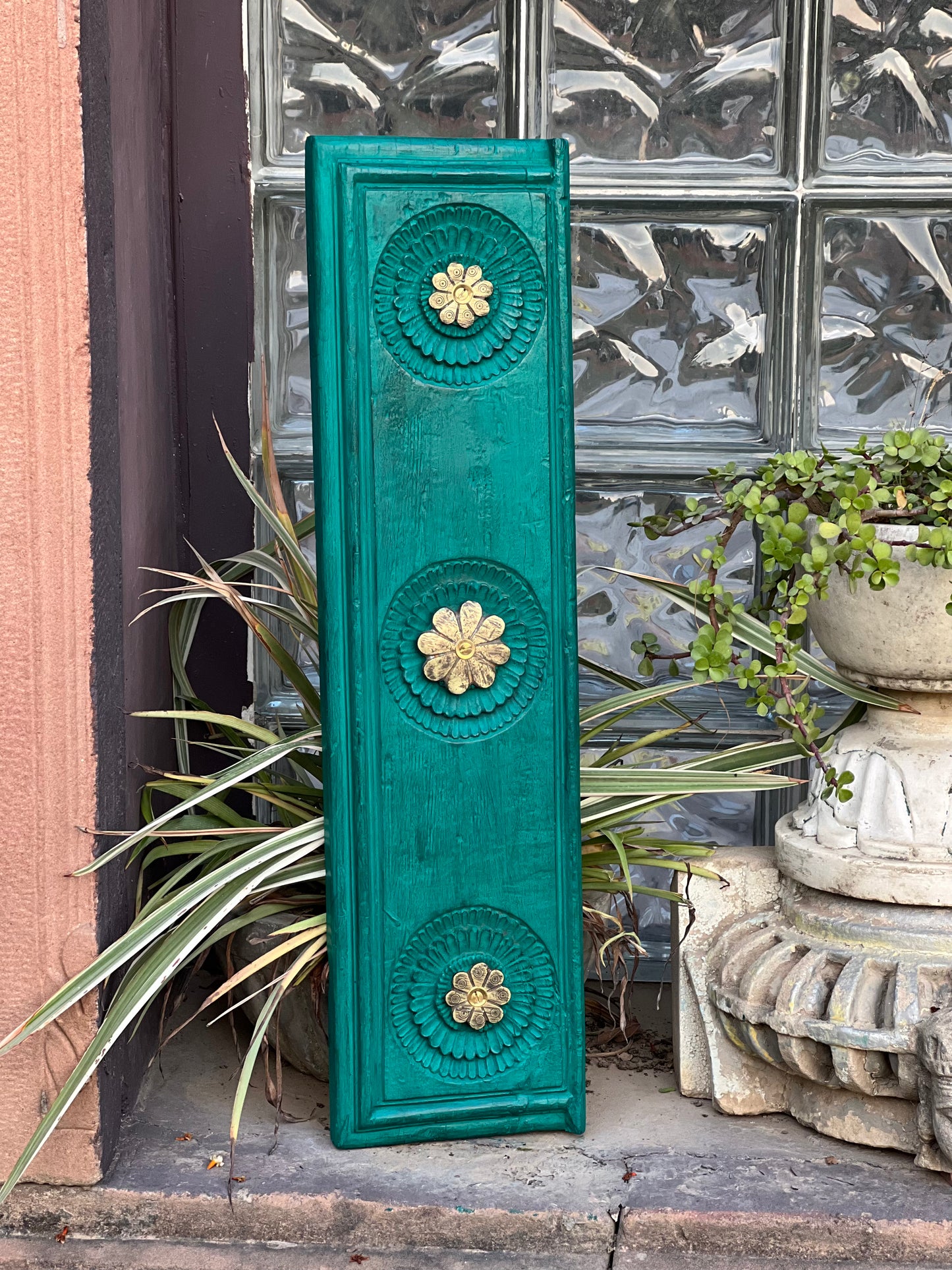 Wooden Carved Panel With Brass Flower