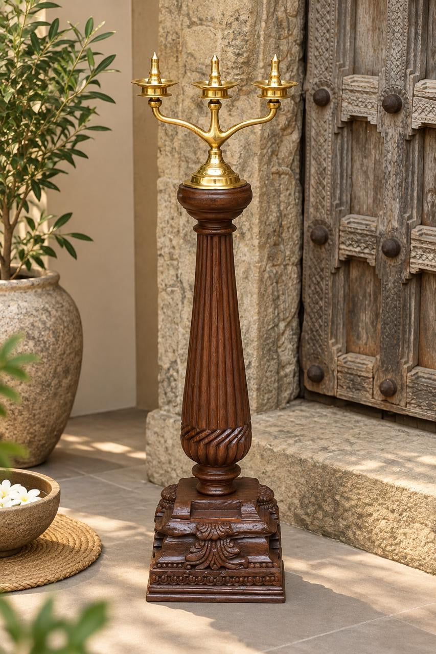 Wood Brass Diya With Stand