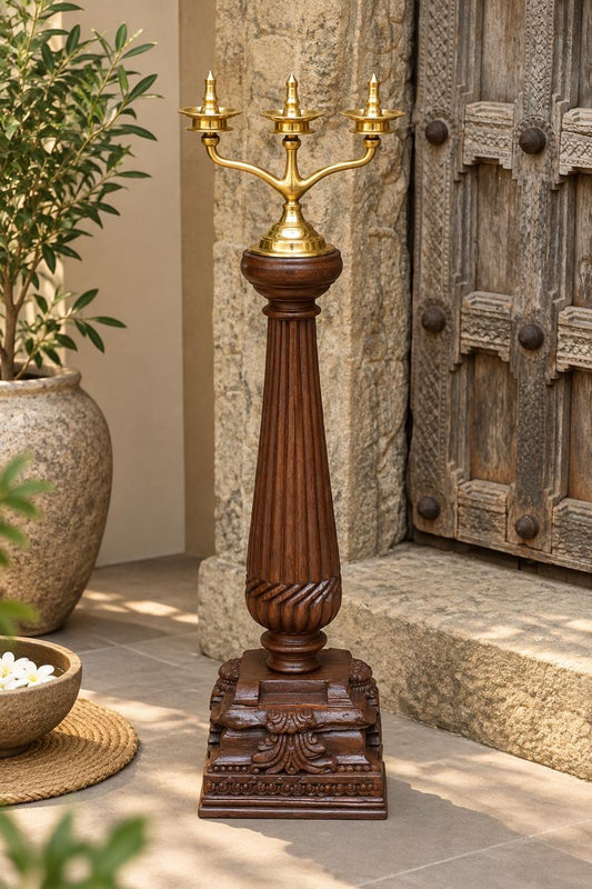 Wood Brass Diya With Stand