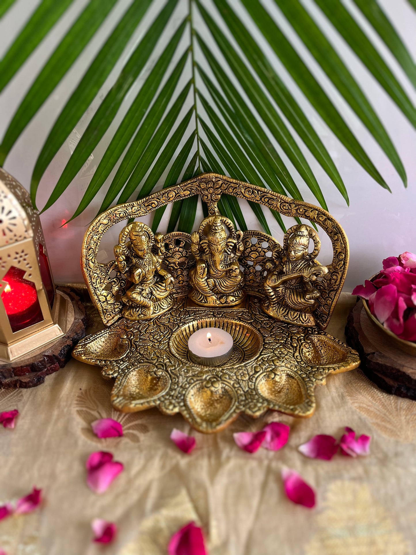 Metal Gold Laxmi Ganesh Saraswati Oil Lamp