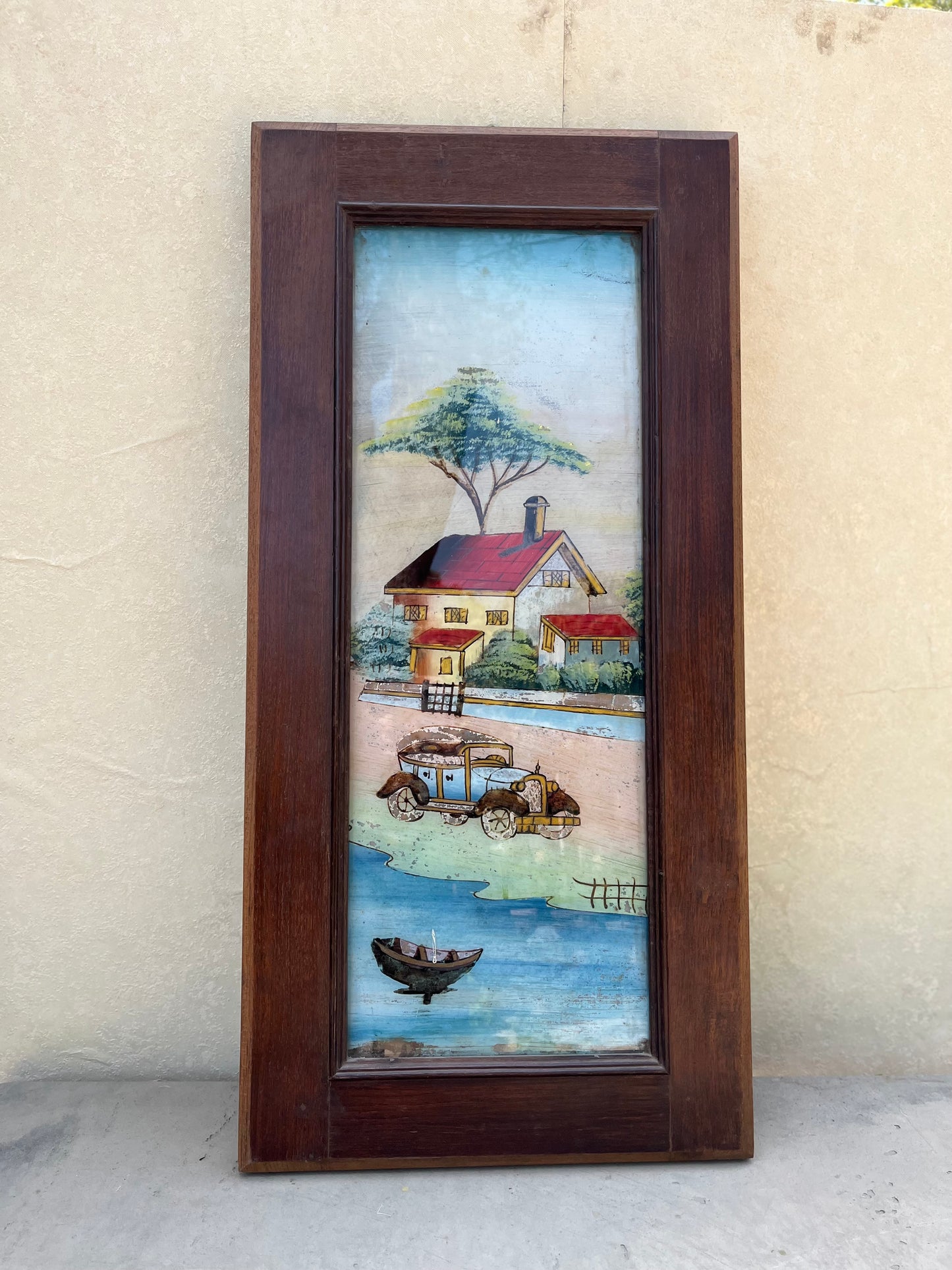 Vintage wooden Glass Interior Old painting