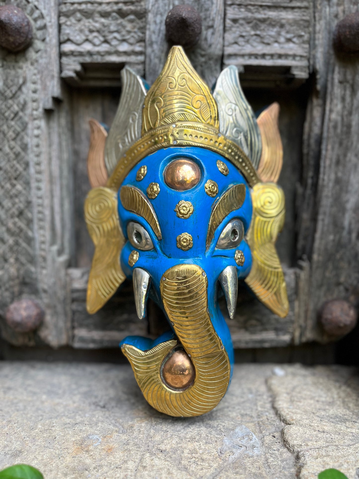 Metal Copper Golden Blue Ganesha Wall  Mask